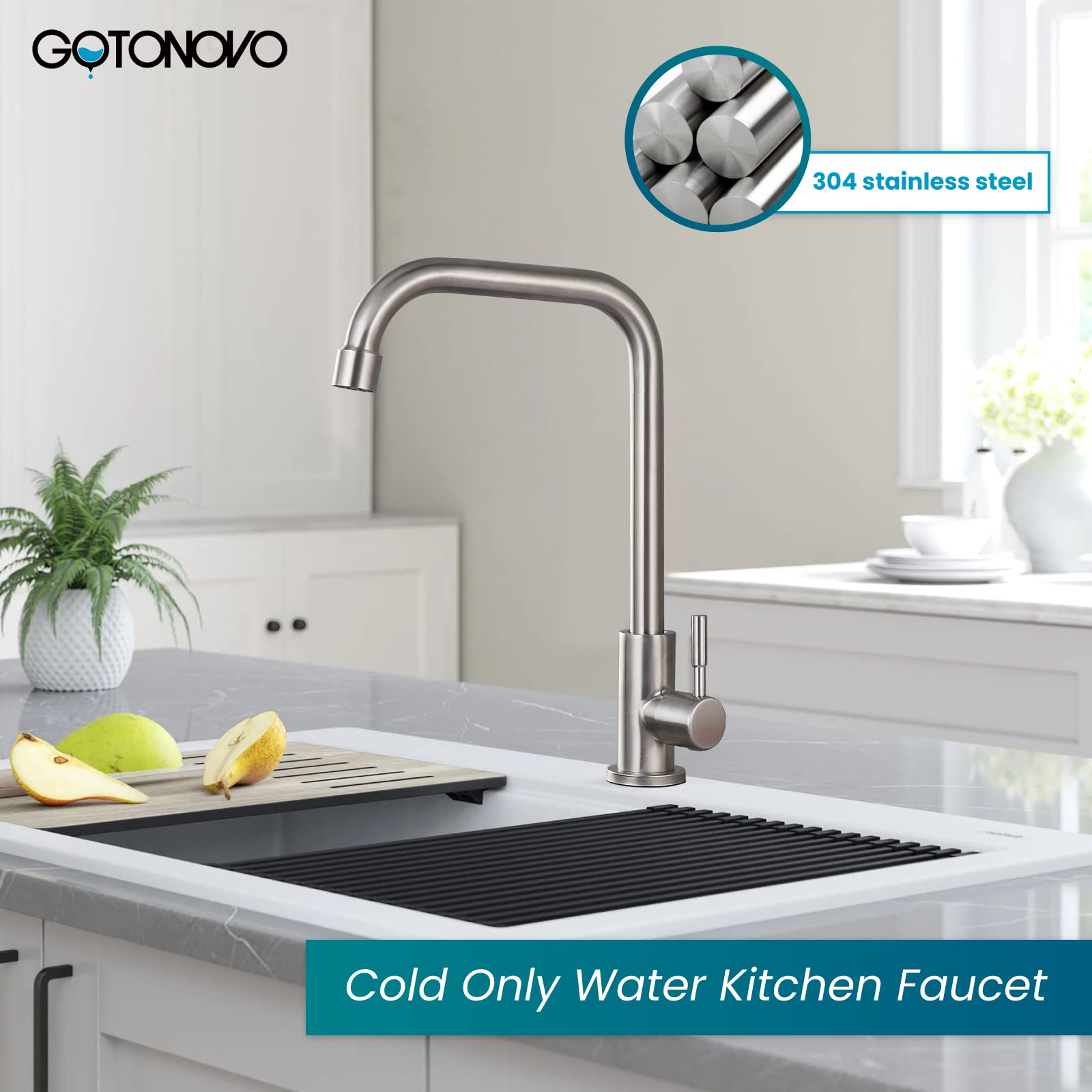 Gotonovo 304 Stainless Steel Cold Water Kitchen Faucet Commercial Tap 90 Degree Bar Faucet Single Lever Brushed Nickel Modern Saving Water