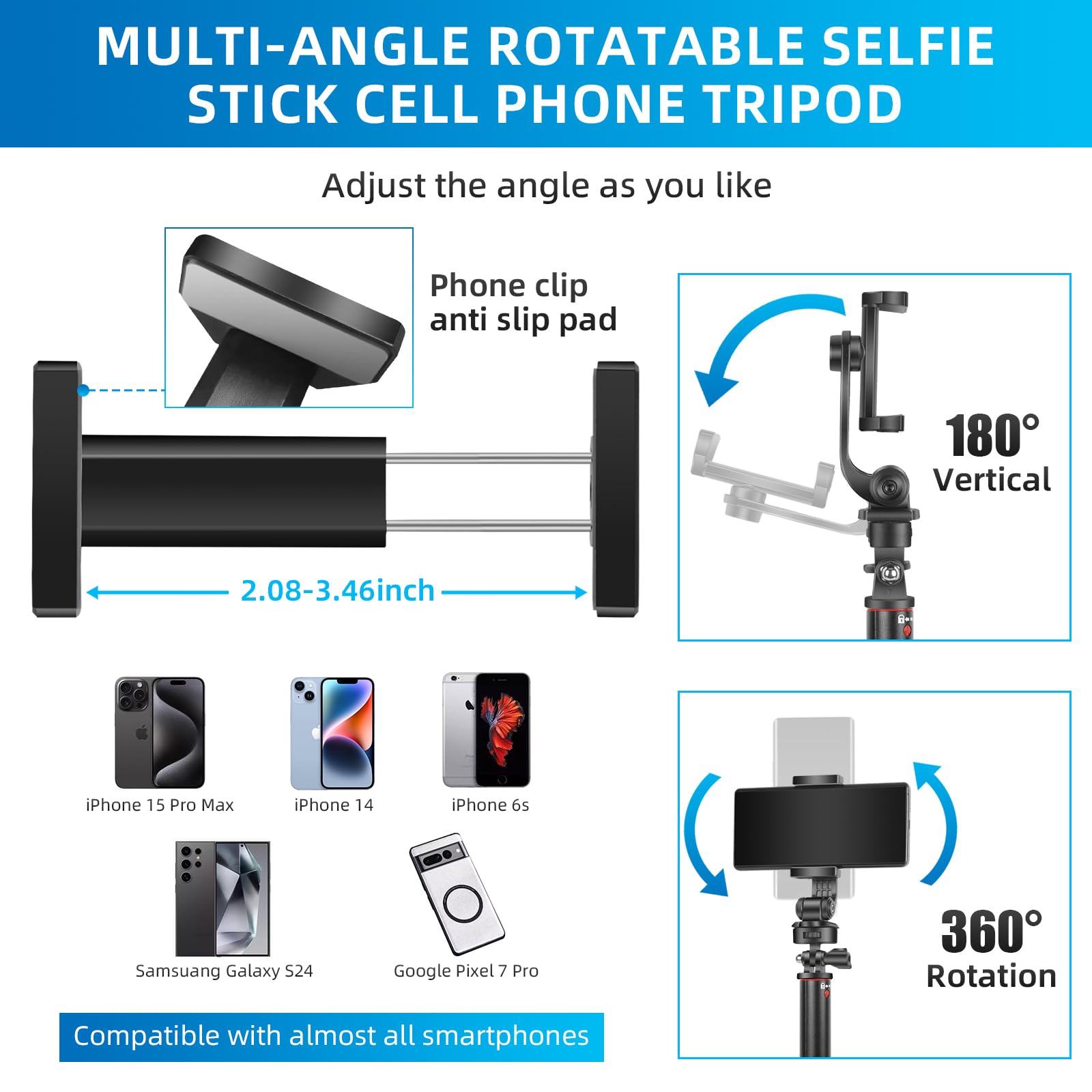 Qzsd Selfie Stick Phone Tripod - 72" Aluminum Lightweight Tripod For Iphone With Detachable Wireless Remote And Phone Holder, Portable Stand Compatible With Iphone/Android