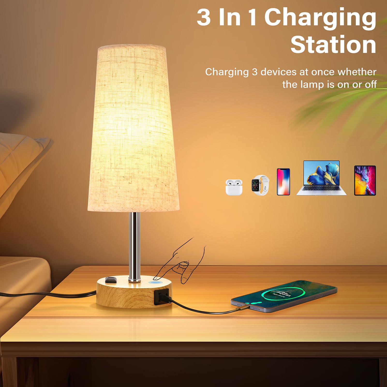 Eleutersun Touch Control Bedside Table Lamp For Bedroom, 3 Way Dimmable With Usb C Charging Ports And Ac Outlet, Small Nightstand Lamp For Living Room Office Dorm Home Office (Led Bulb Included)