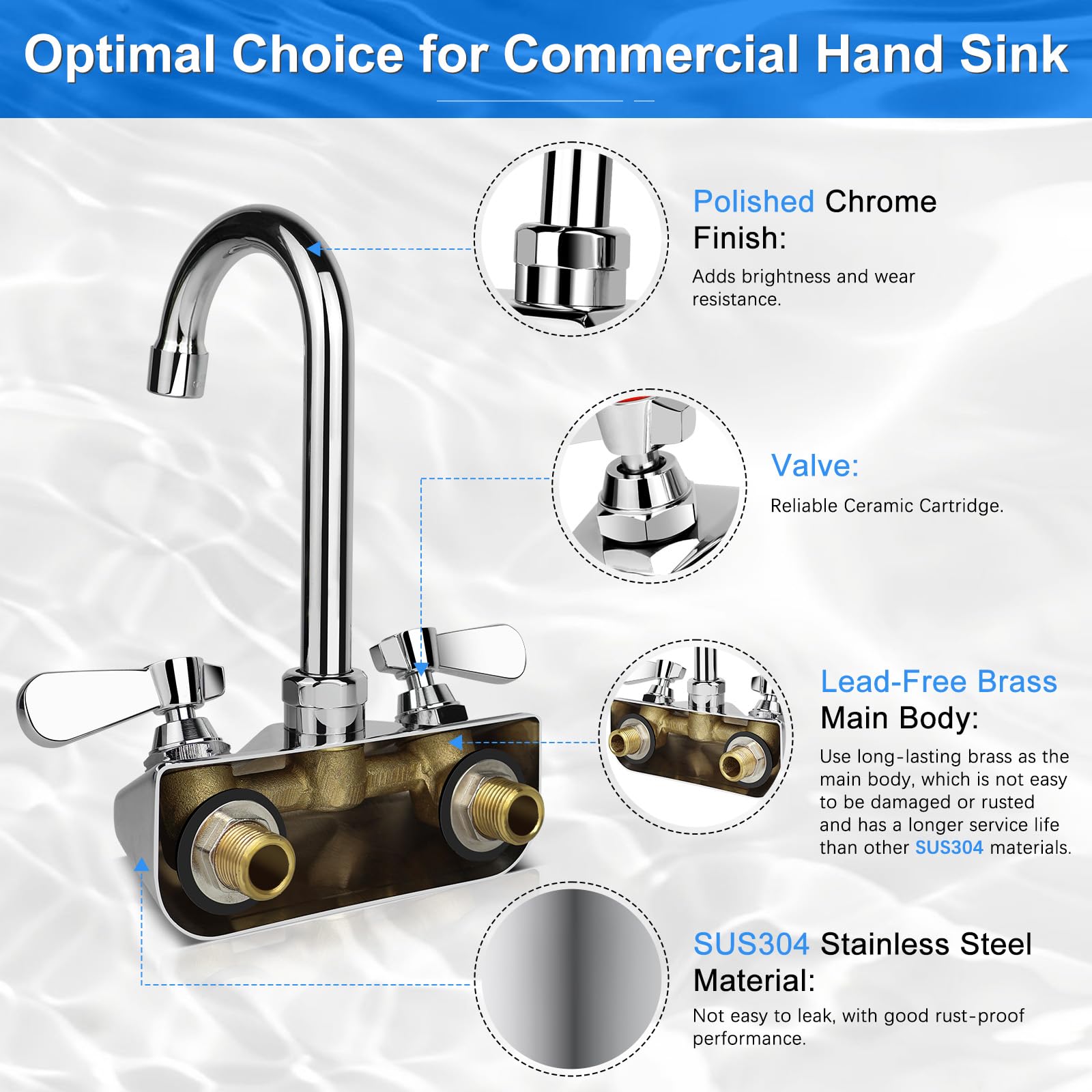 Zkdausdo 4 Inch Center Commercial Sink Faucet Wall Mount Kitchen Hand Sink Faucet, 1/2" Npt Male Inlet, Brass Constructed & Chrome Polished, With 3-1/2" Gooseneck Spout & Dual Lever Handles