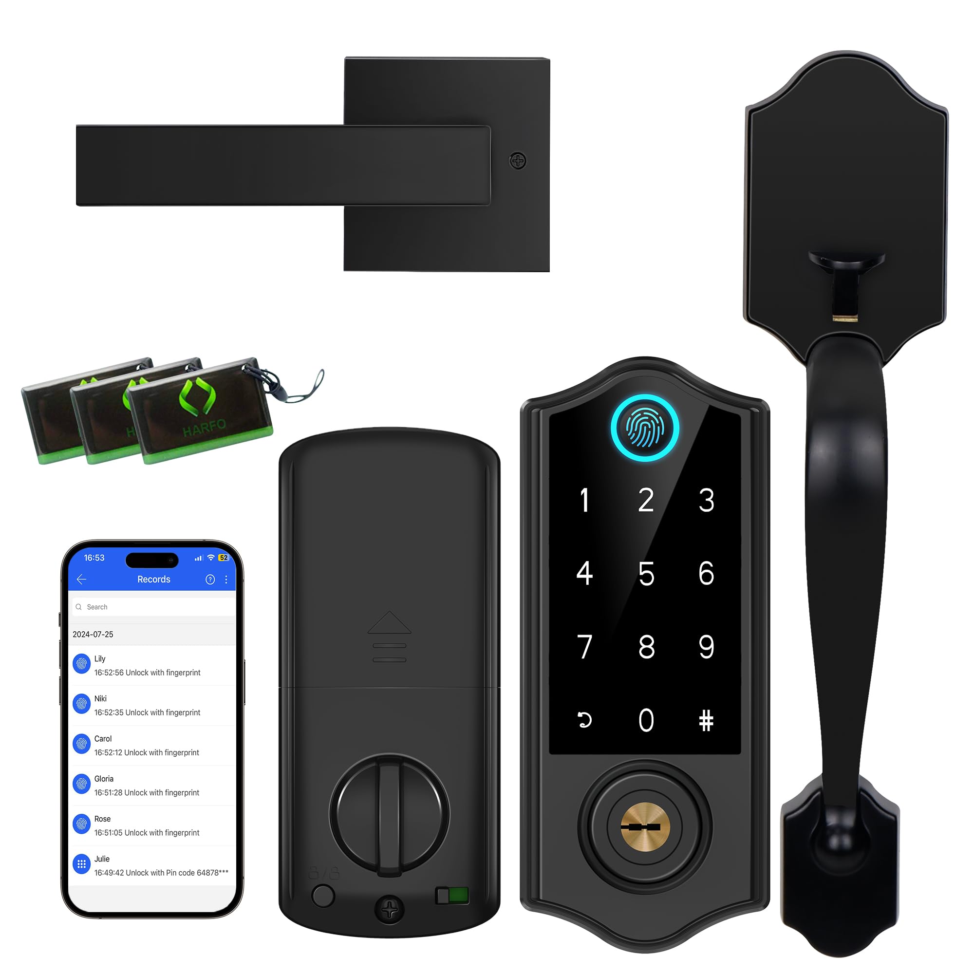 Harfo Fingerprint Smart Door Lock For Front Door With Handle Set, App Control, Keyless Entry Keyless Deadbolt, Digital Electronic Touchscreen Keypad, Auto Lock, Easy To Install, Black