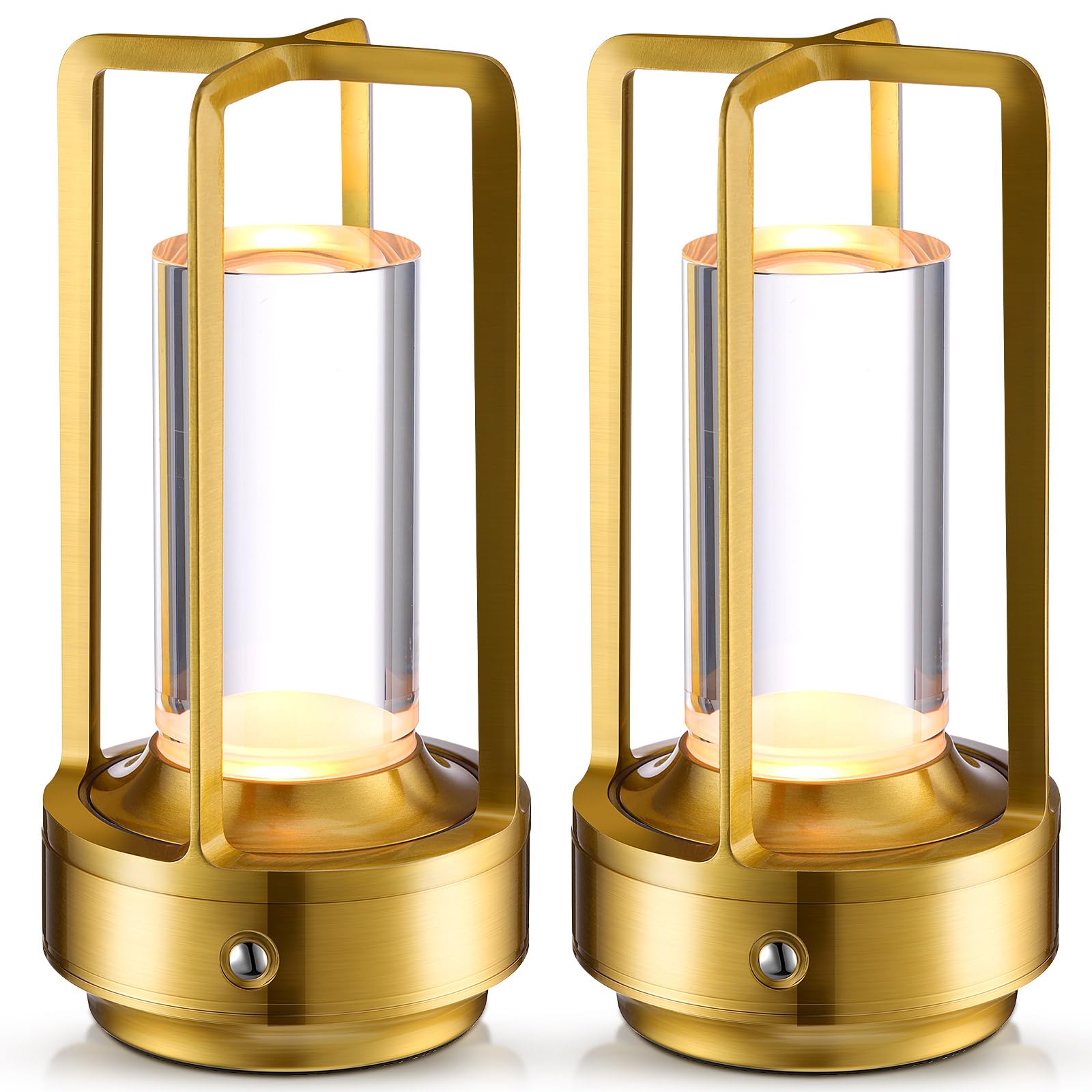Honoson 2 Pcs Portable Metal Table Lamp Rechargeable Cordless Table Lamp For Indoor Outdoor 3 Colors Stepless Dimming Desk For Bedroom Restaurant Bar Camping(Gold)