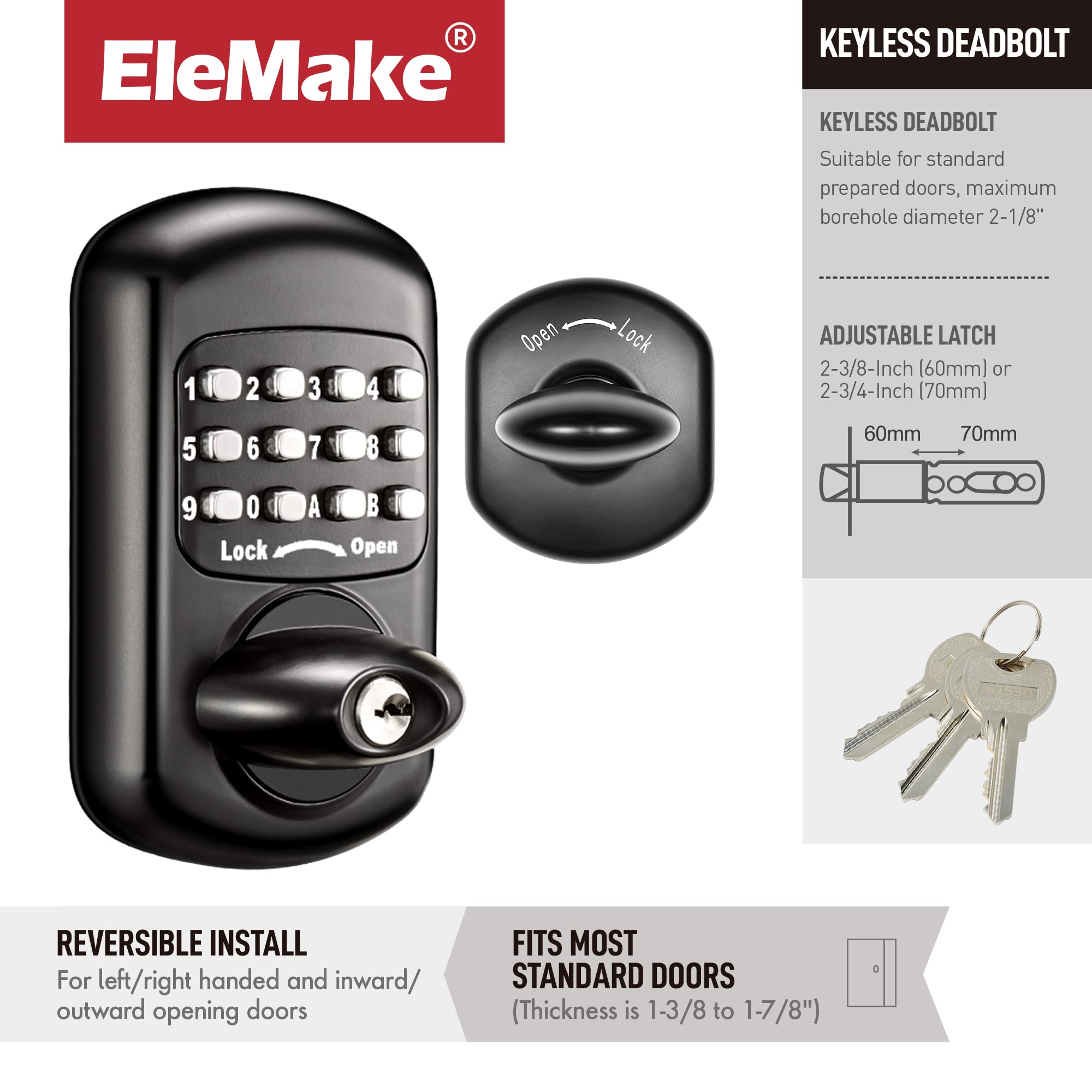 Bravex Keyless Deadbolt Keypad Entry Door Lock Zinc Alloy Sabbath Lock 100% Mechanical Shabbos Lock- No Risk Of Low Power, Black