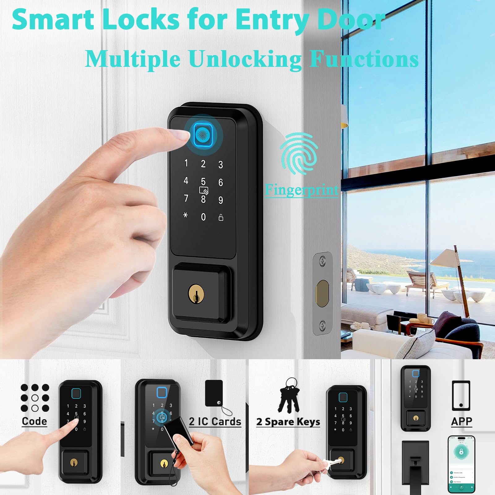 Cinop Front Door Lock Set 5 In 1 - Wifi Remote Control Unlock, Smart Locks For Front Door, Keyless Entry Door Lock Deadbolt With Handle Set, Bluetooth Enabled With Alexa Voice Control (Black)