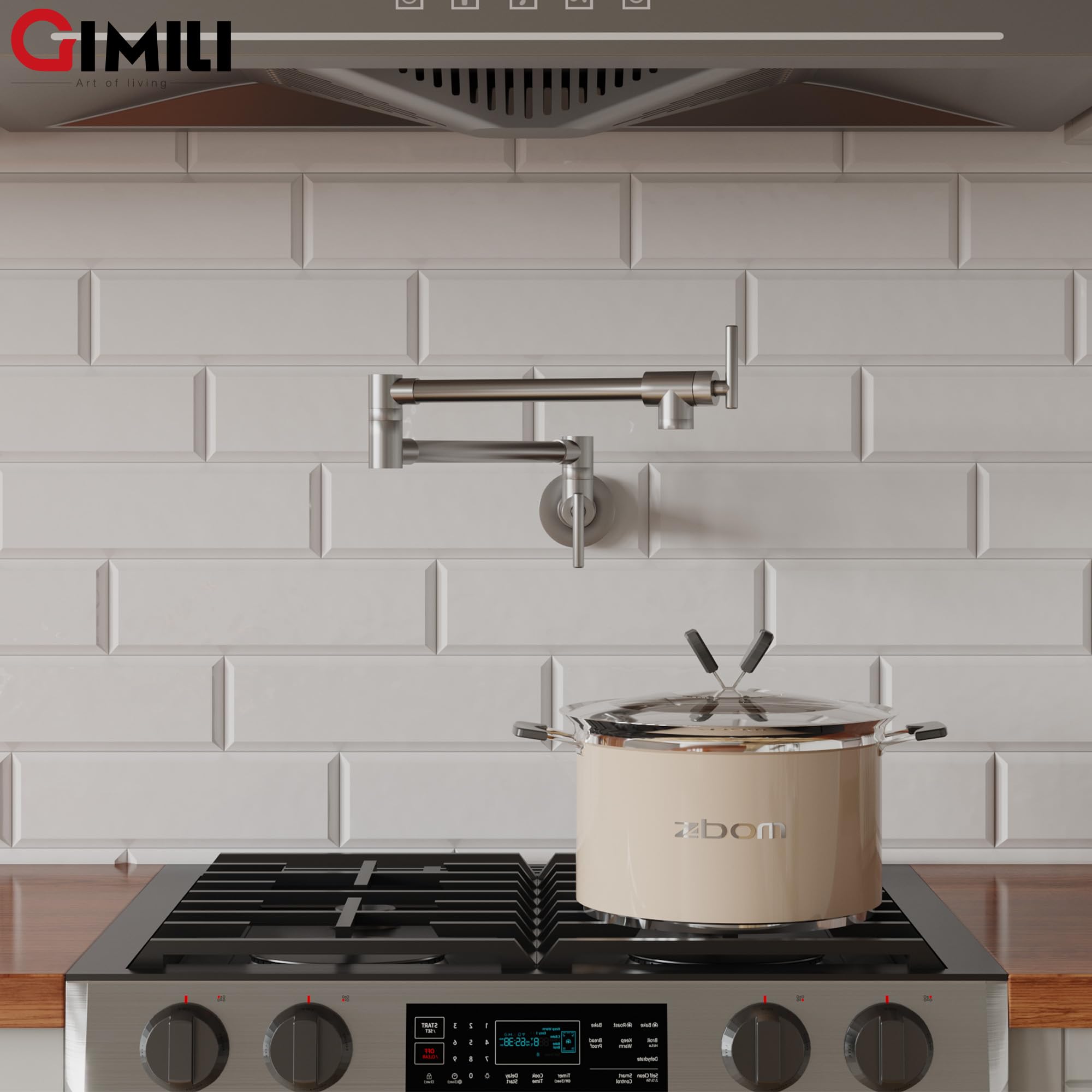 Gimili Pot Filler Brushed Nickel Commercial Wall Mount Faucet Folding Stretchable Double Joint Swing Arm Pot Filler Copper Rotatable Wall Faucet