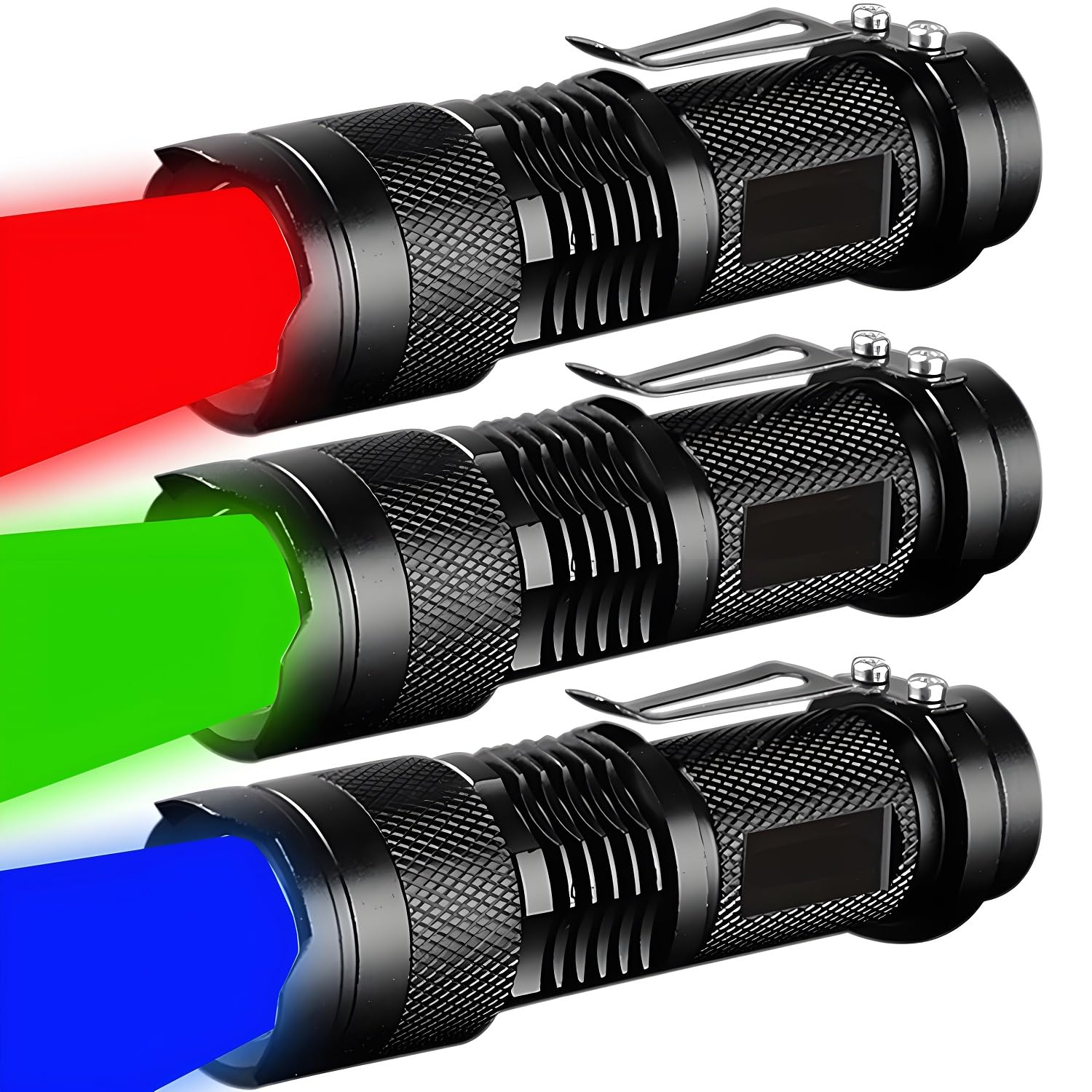 Mviocs 3 Pack Red Green Blue Light Bright Small Flashlights, Led Mini Flashlight High Lumens Pen Light With 3 Modes, Zoomable Torch With Clip, Flash Light For Camping,Outdoor,Emergency