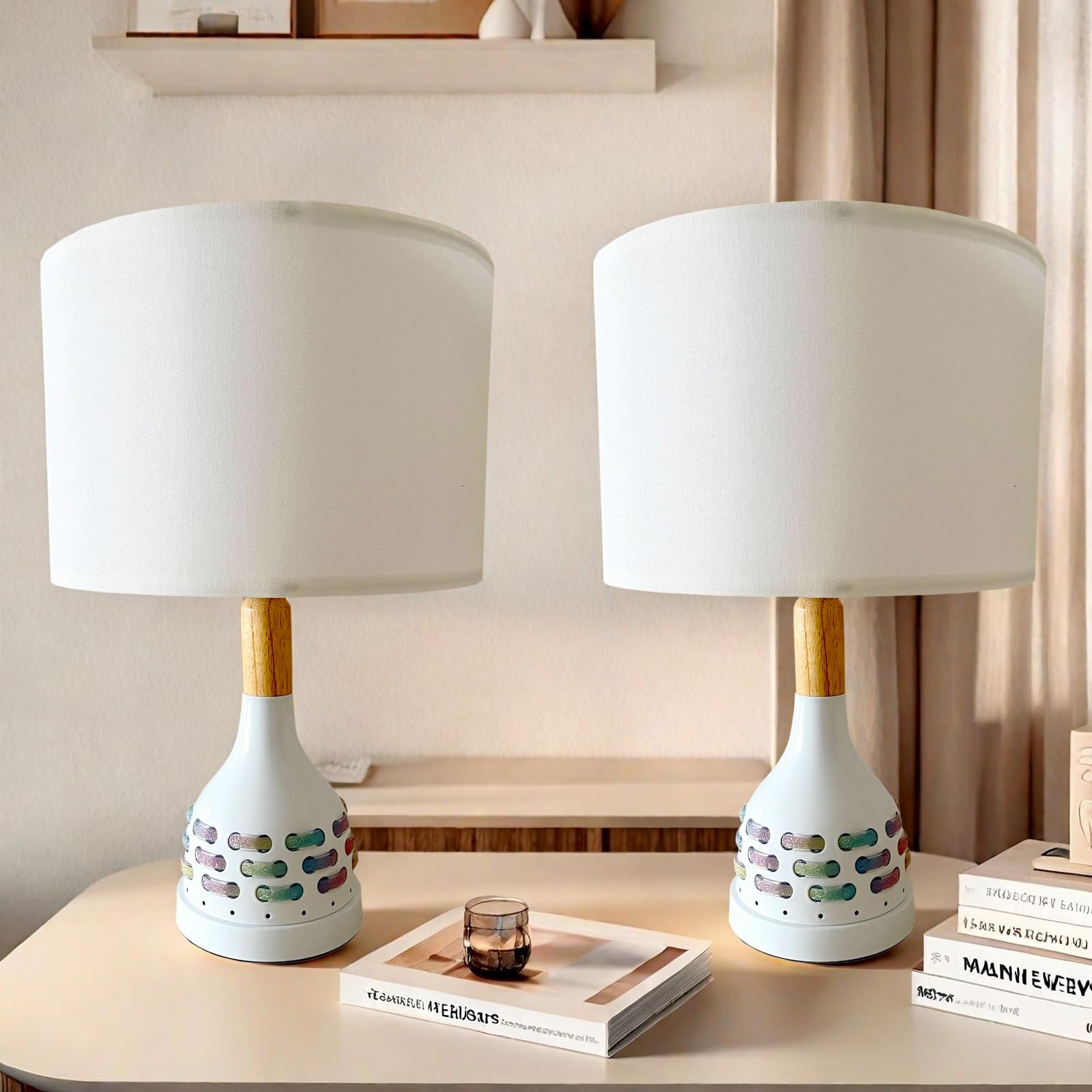 Jingoe 17'' Modern Bedroom White Table Lamp Set Of 2 With Night Light For Bedroom Living Room Bedside Nightstand Lamp Farmhouse (Includes 2 Bulbs)