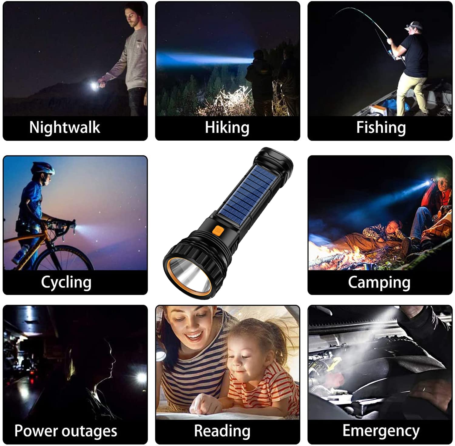 E-Shidai Solar/Rechargeable Multi Function 1000 Lumens Led Flashlight, With Emergency Strobe Light And 1200 Mah Battery, Emergency Power Supply And Usb Charging Cable, Fast Charging (1Pc)