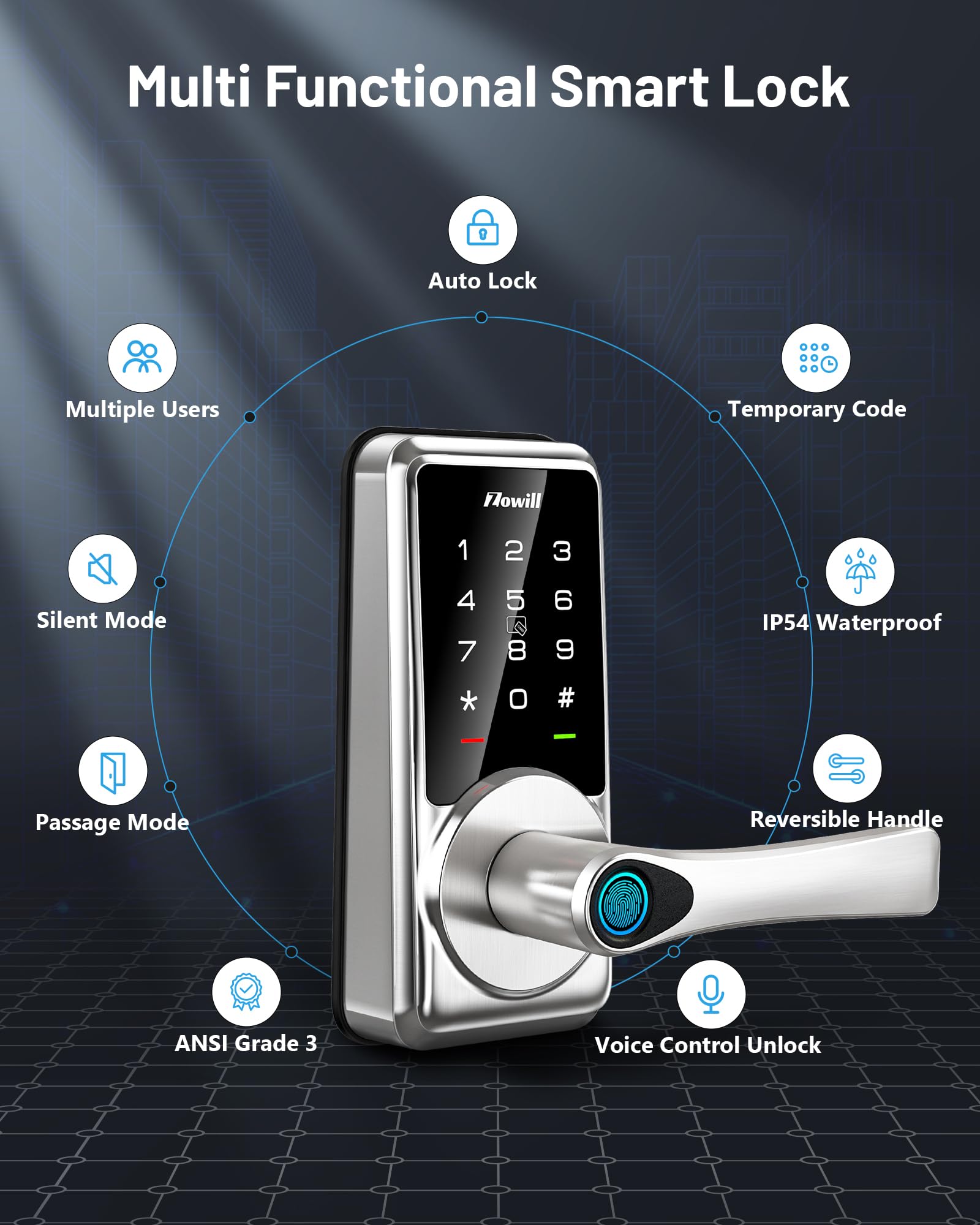 Zowill Smart Door Lock, Keyless Entry Door Lock With Handle, Fingerprint Deadbolt With App Control, Biometric, Auto Lock, Easy Installation