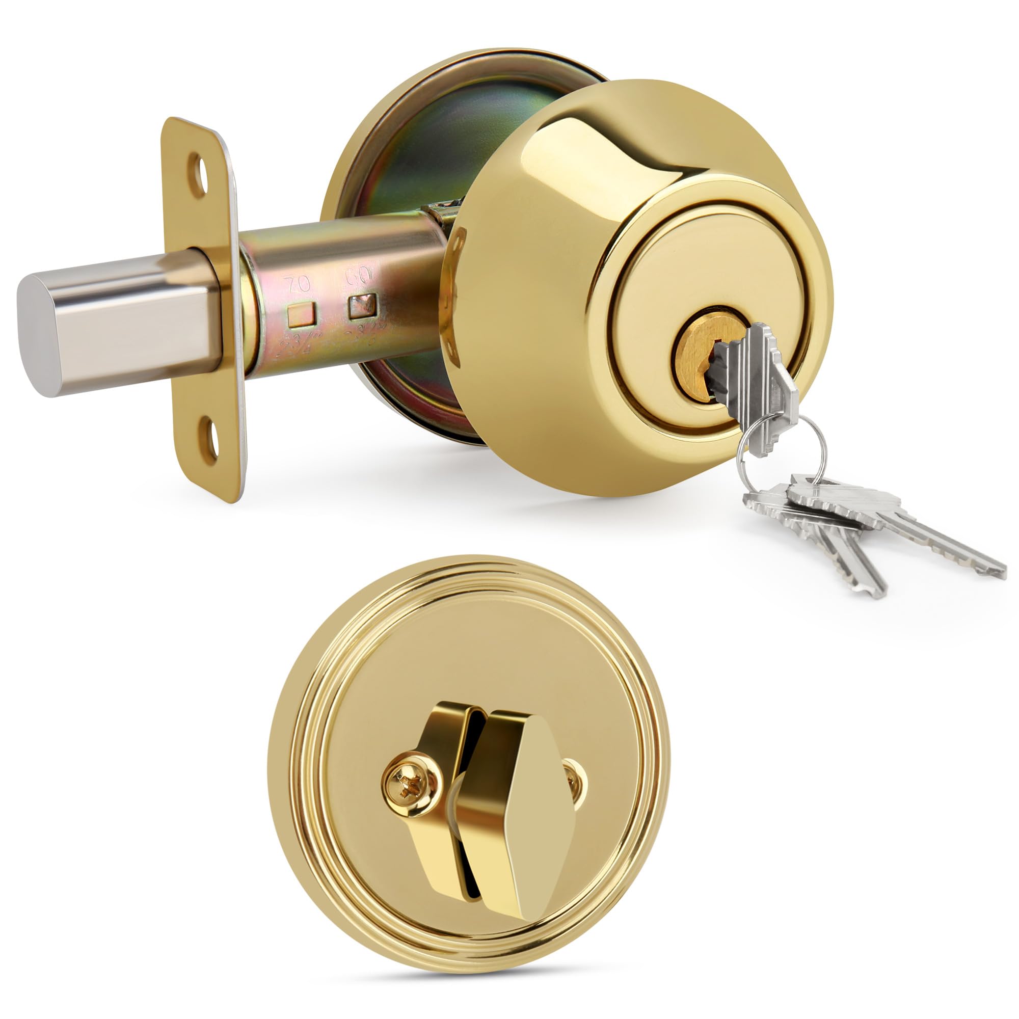 Gaurqiah Keyed Single Cylinder Deadbolt Lock For Exterior, Round Design Dead Bolt For Front Door And Entrance Door, Polished Brass