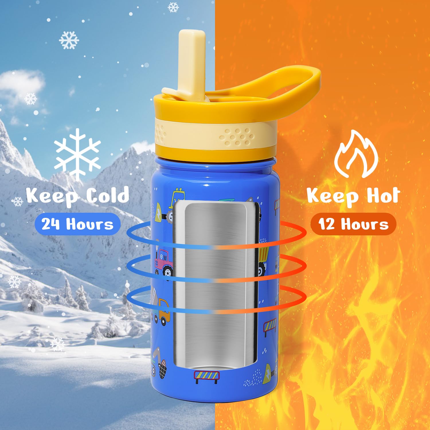 2 Pack Insulated Kids Water Bottle, Buzio 14Oz Stainless Steel Water Bottles With Tritan Straw Lid