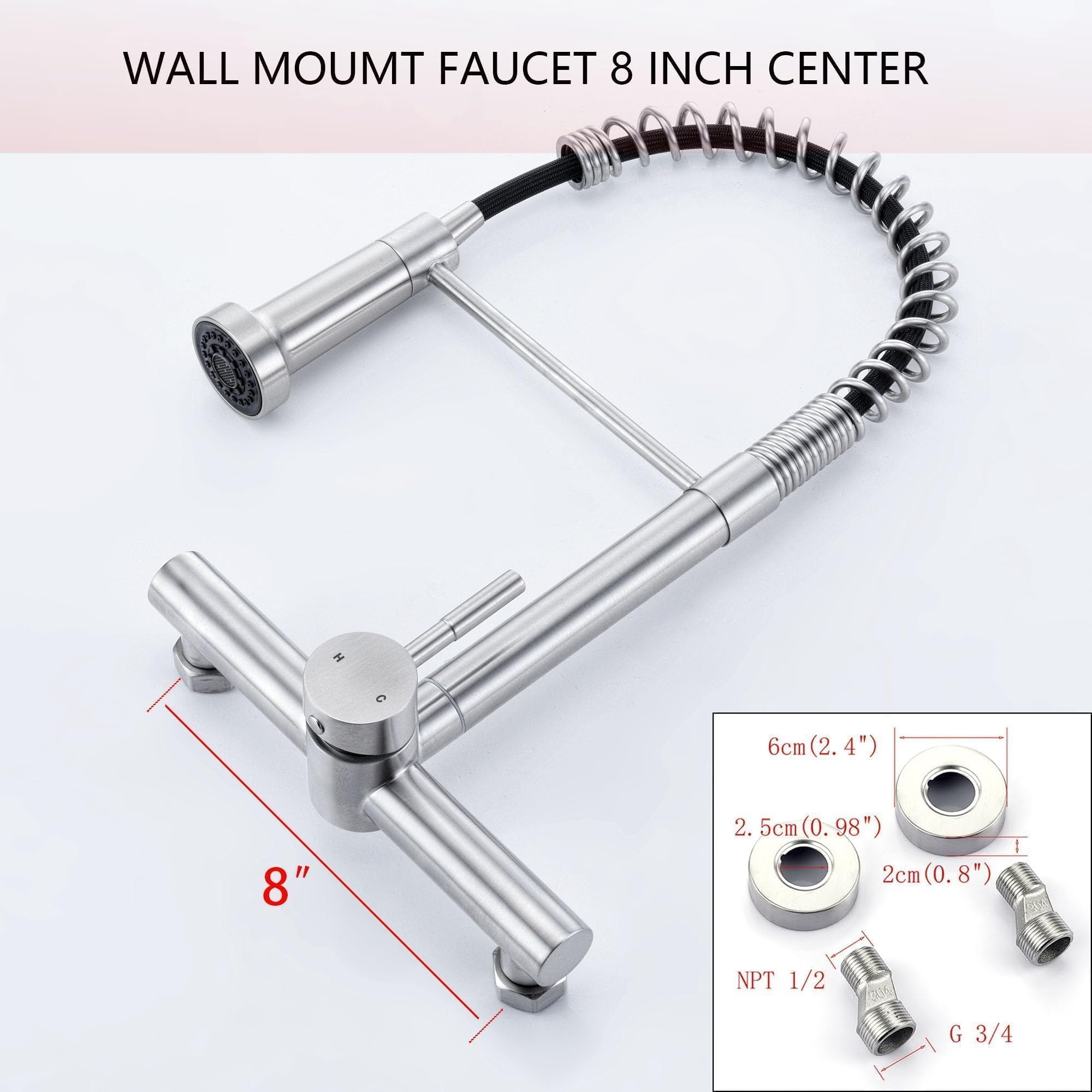 Zhyich Wall Mount Kitchen Faucet With Pull Out Sprayer, 8 Inch Center Commercial Kitchen Sink Faucet, Spot- Stainless Steel, Easy Controlled Cold And Hot Water