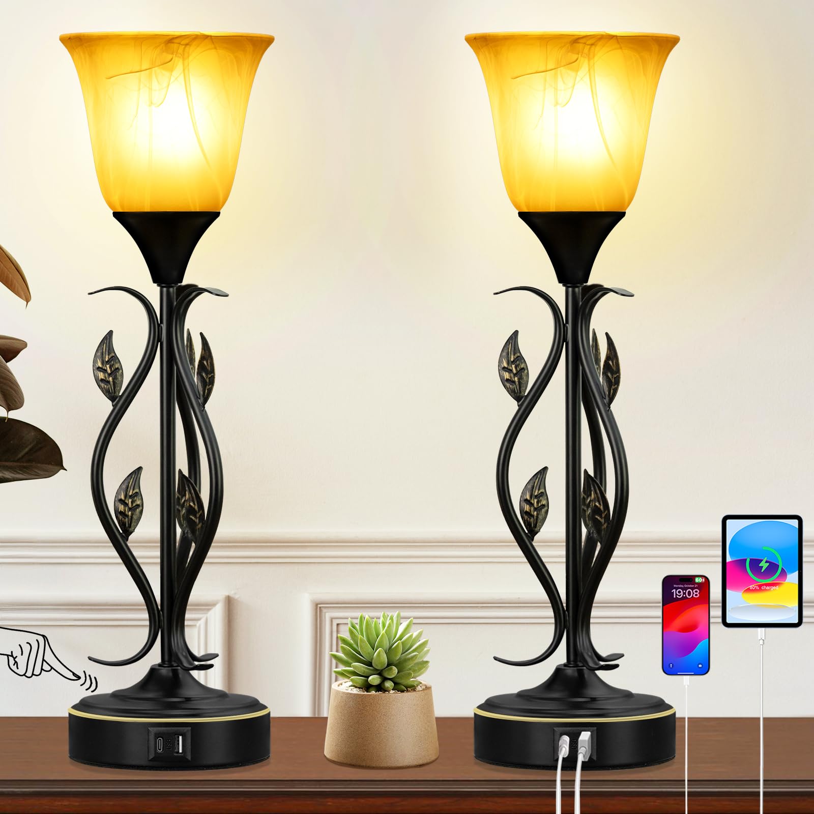 Basdien Amber Glow Touch Table Lamps Set Of 2 – 20” Dimmable Bedside Lamps With Usb A And C Ports, Elegant Vine And Leaf Design, Ideal For Bedroom, Living Room, Nightstand, And Reading
