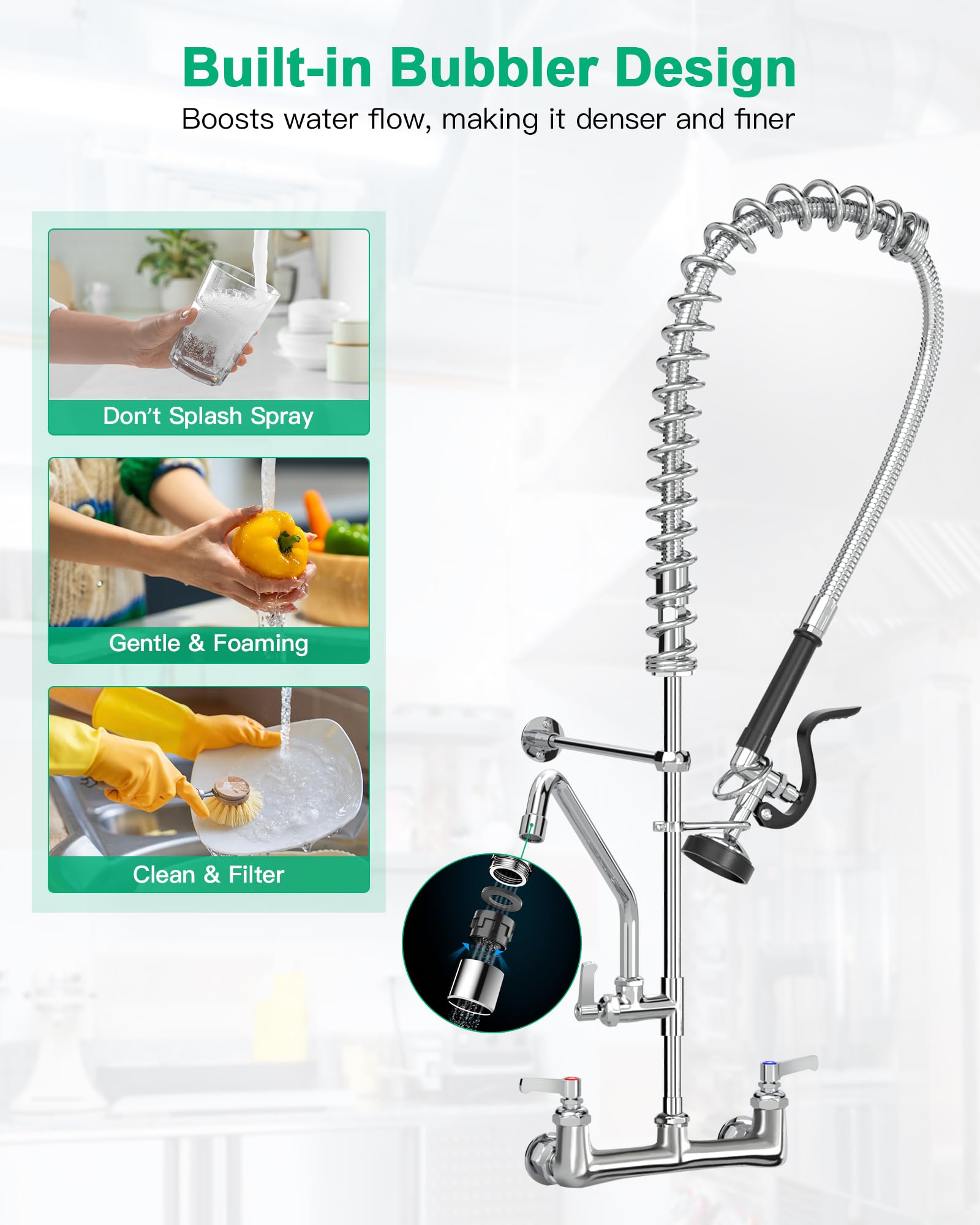 Bestjeef Commercial Faucet With Sprayer For Kitchen Staff: 36 Inches Commercial Faucet Pre Rinse Sprayer 8 Inch Center Wall Mount Kitchen With 12 Inch Add On Spout