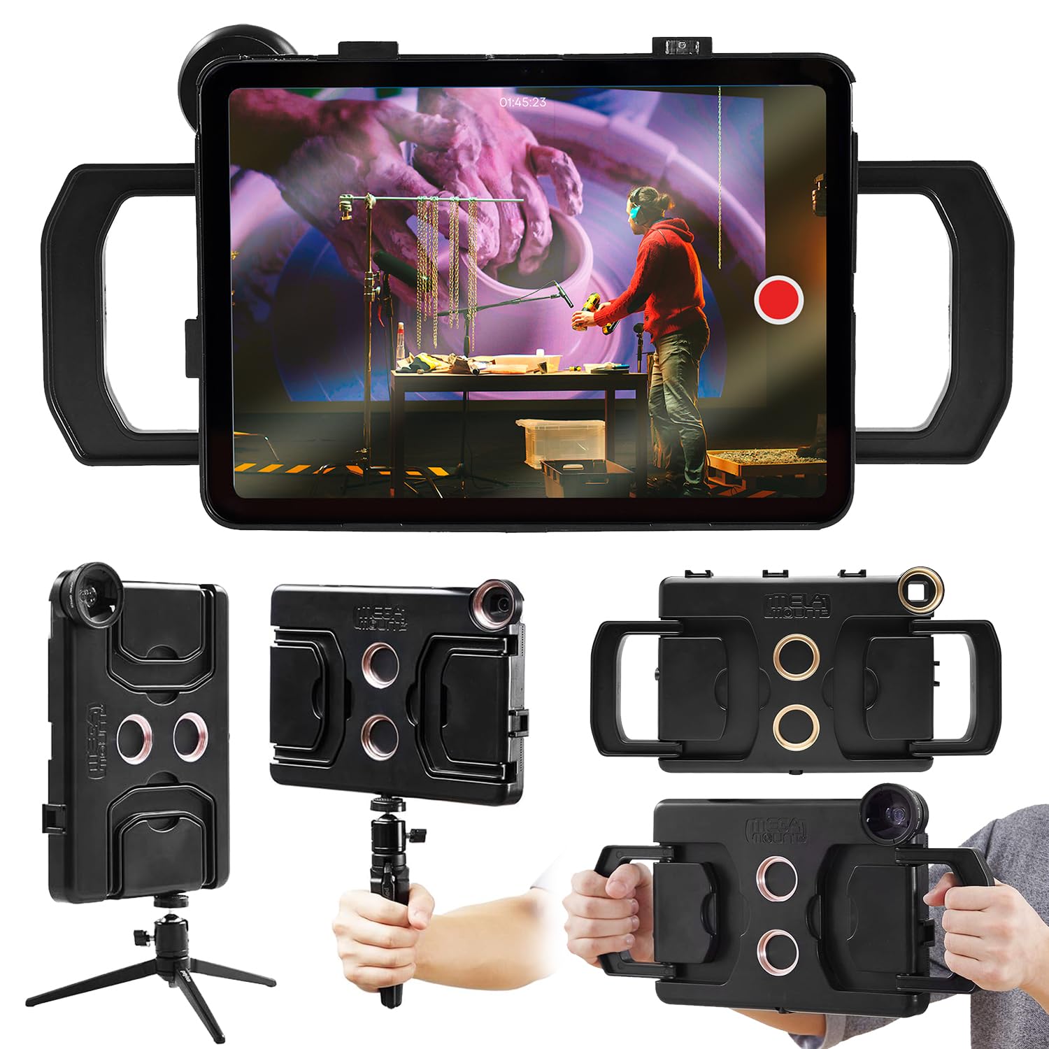 Vidpro Megamount Rig Case Video Stabilizer For Ipad 10.9 Inch (Latest 10Th Gen Model) Handheld Tablet Stabilizers W/Swing Handle, Cold Shoe Mounts, Tripod Mount For Videography, Vlogging, Film Making