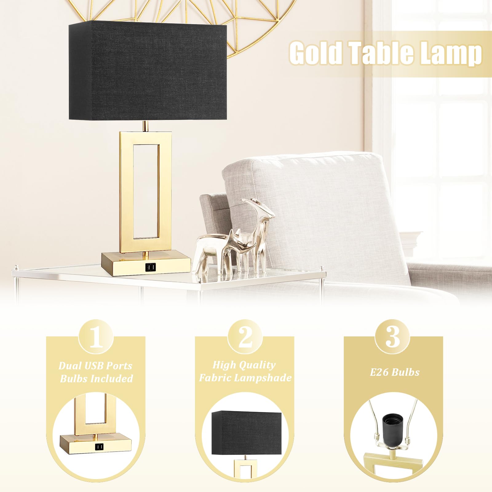 Gernehop Black Table Lamps Set Of 2 With Dual Usb Ports,3-Way Dimmable Touch Control Bedside Lamps,22Inch Tall Modern Bedroom Table Lamp For Living Room,Nightstand Led Bulbs Included