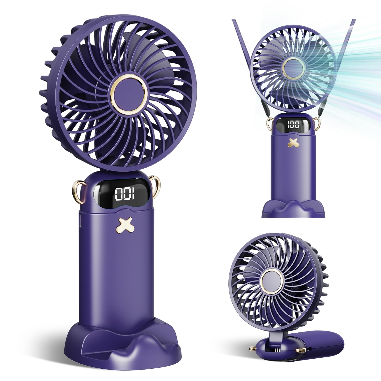 Portable Handheld Fan: 1200Mah Battery, Led Display, 3-In-1 Design (Handheld/Neck/Desk), Foldable - Koospark