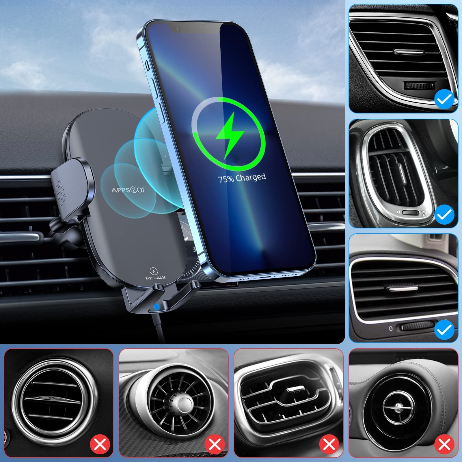 Apps2Car Wireless Car Charger 15W Fast Charging Car Phone Holder Charger Wireless Car Charger Mount For Dashboard Windshield Air Vent Compatible With Iphone 15 Pro Max Plus 14 13 12 Samsung Lg & More