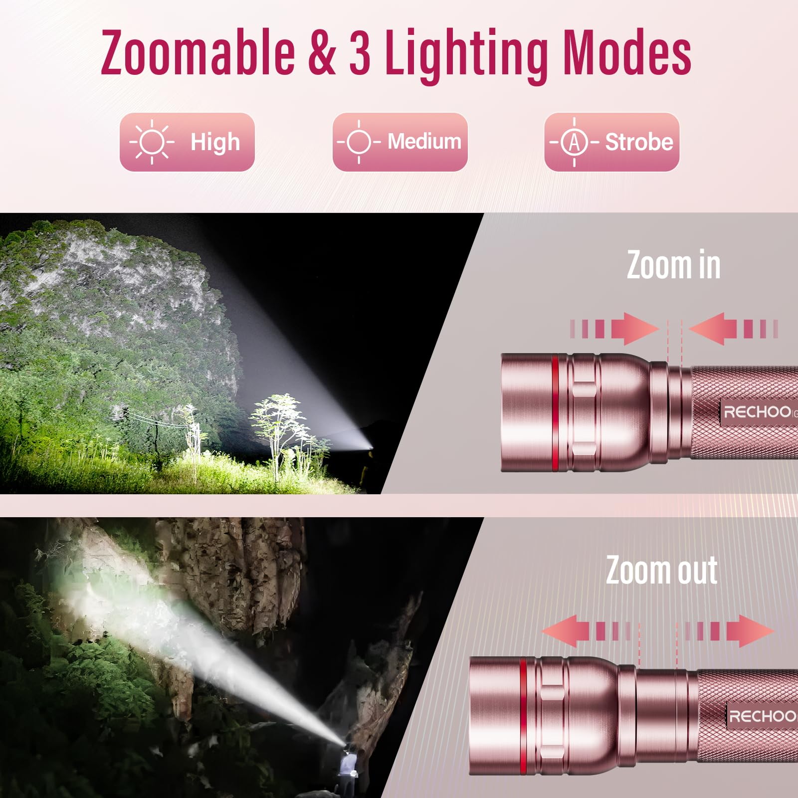 Rechoo Rechargeable Flashlights High Lumens, G1000 Super Bright Flash Light Pink, Small Zoomable Led Flashlight With 3 Lighting Modes, Portable Tactical Flashlight For Camping Essentials,  For Women