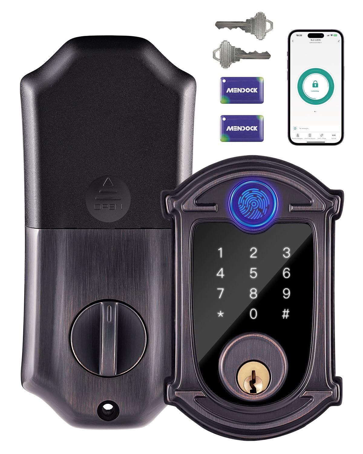 Mendock Keyless-Entry Deadbolt Smart Lock Waterproof Ip56 Digital Exterior Locks For Front Door,Smartphone Control Fingerprint Door Lock With Keypad And Key Fob,Venetian Bronze - Uf02-Vb Greenshield