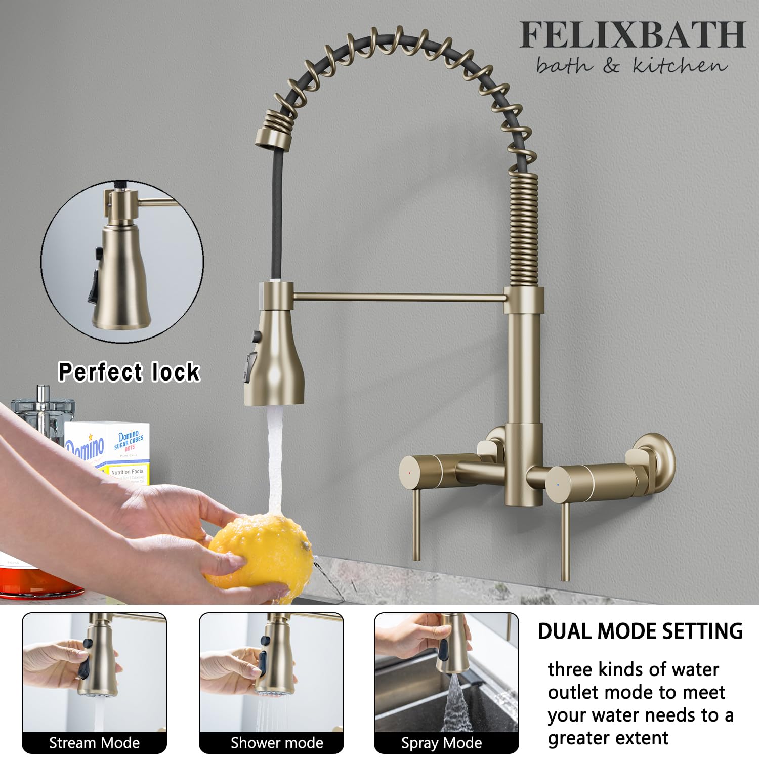 Felixbath Wall Mount Kitchen Faucet, 8 Inch Center Sink Faucet With Pull Down Sprayer, Commercial Faucet (Gold)