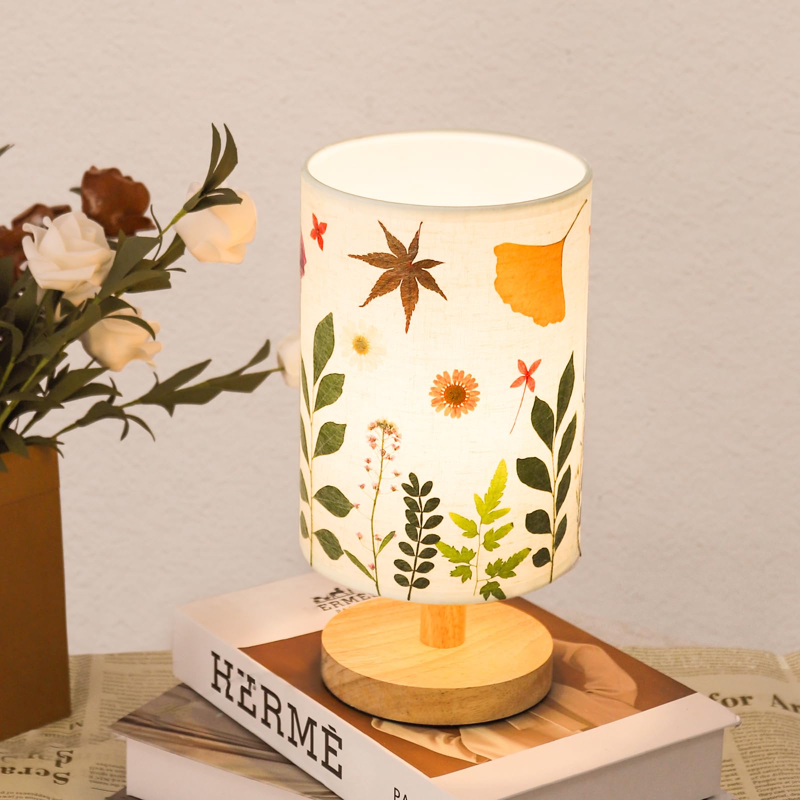 Floresita Pressed Flowers Table Lamp 5W Led 3Color Temperatures Dried Flower Bedside Lamp Linen Shade With Wood Base For Bedroom Living Room Desk Office