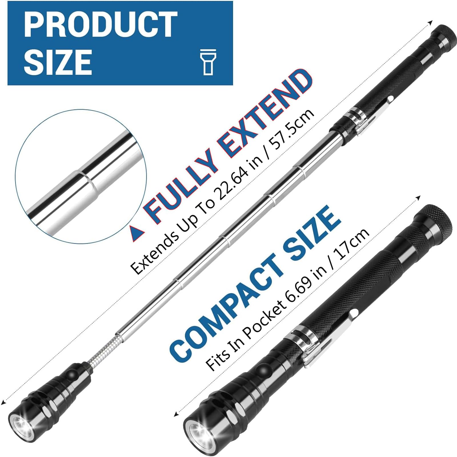 Modoao Telescoping Magnetic Flashlights, 4 Pack Magnetic Telescopic Elastic Picking Tools With Clip, Led Telescopic Flexible Extensible Flashlights, For Easy Retrieval Of Metal Tools