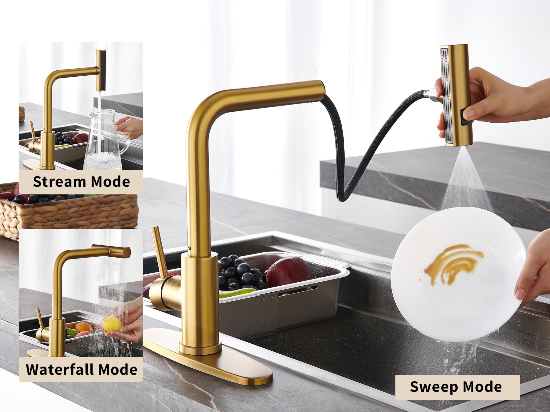 Tohlar Gold Kitchen Faucet, Waterfall Kitchen Faucet With Pull Down Sprayer, 3 Modes Sprayer Kitchen Sink Faucet Single Lever Handle Faucet For Kitchen Sink, Brushed Gold