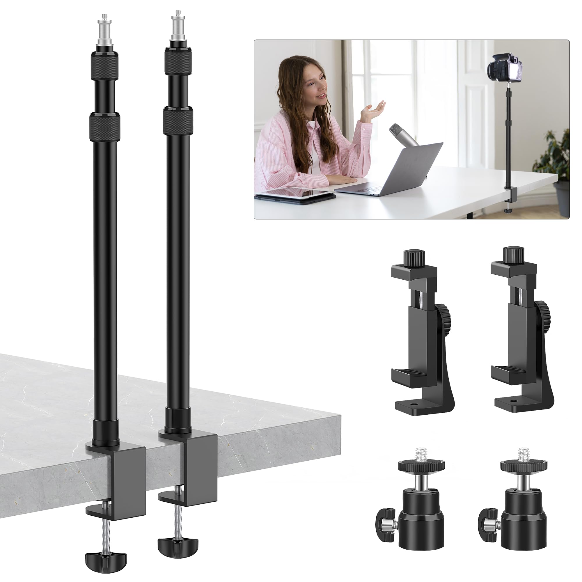 Altson 2 Pack Camera Desk Mount With 1/4" 3/8" Screws Ball Head Camera,17-41" Desk Camera Mount, Adjustable Aluminum Desktop Light Stand, For Dslr Camera, Ring Light