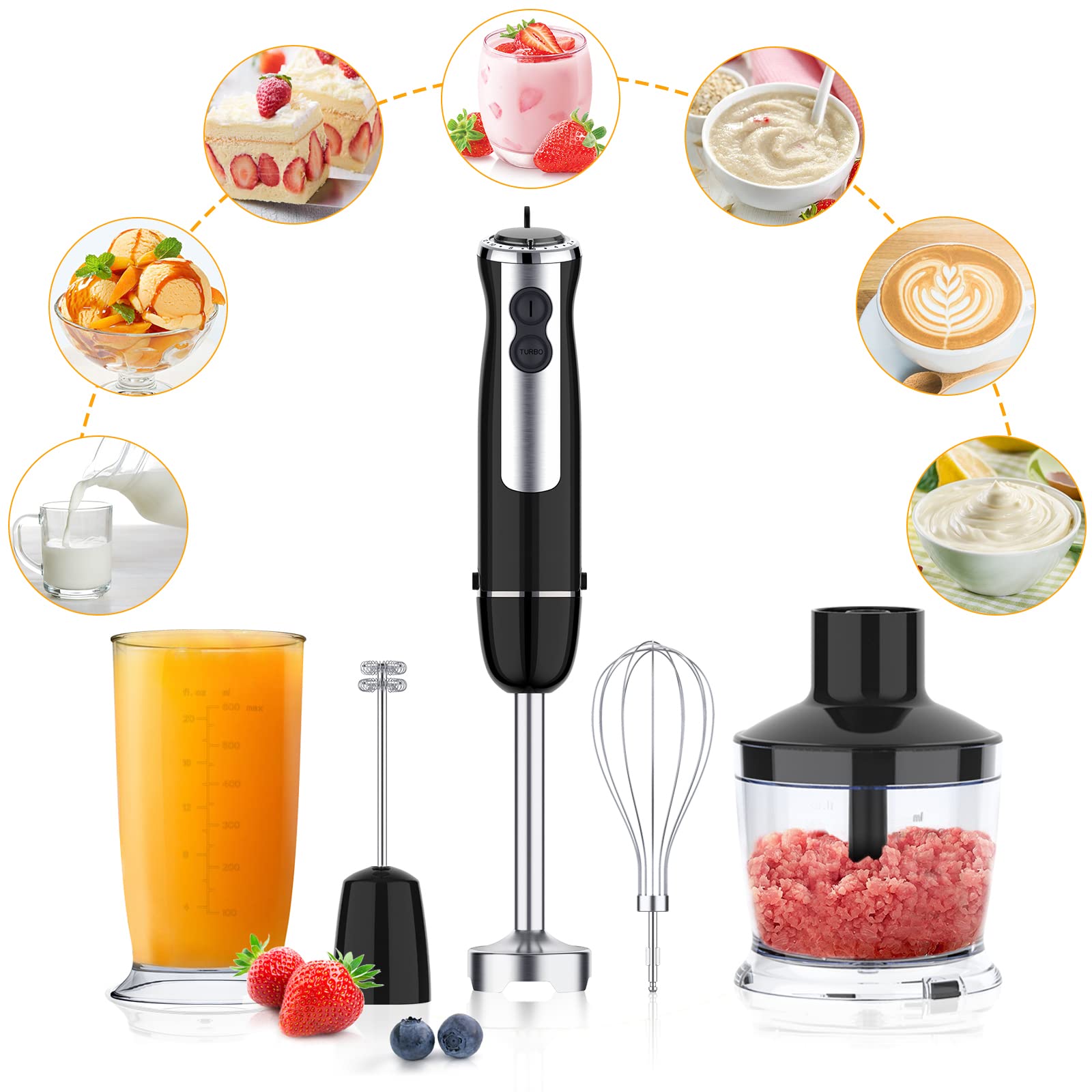 Aconee Immersion Hand Blender, 5-In-1 Hand Blender 800W Powerful Motor, 12 Speed & Turbo Mode Hand Mixer, 20Oz Beaker With Measuring Mark, 17Oz Food Chopper, Stainless Steel Blades, Bpa-, Whisk