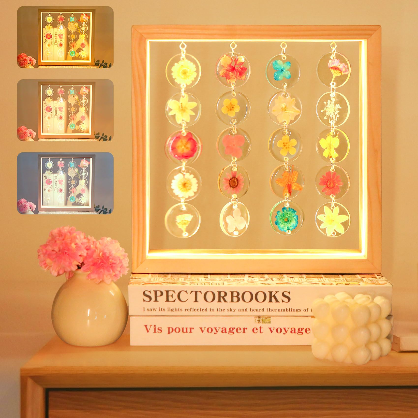 Taeyonk Handmade Dried Flower Led Cute Lamp, 3 Way Dimmable Cute Pressed Flower Bedside Lamp With Wooden Frame For Wooden Frame, Ideal For Desk, Table, Bedroom, Living Room, Office