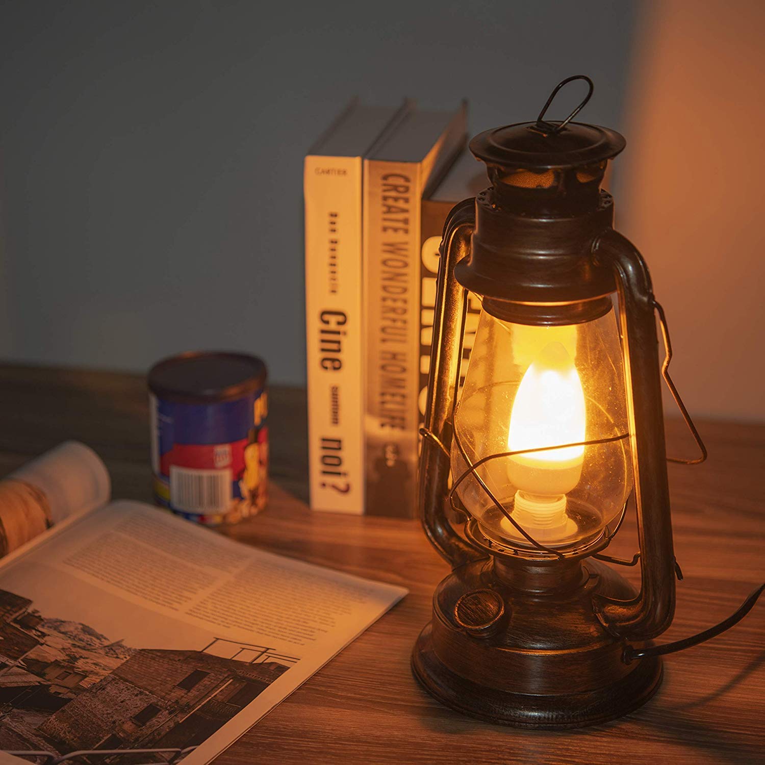 12Vmonster Pack Of 2 Vintage Rustic Accent Old Fashioned Electric Lantern Oil Lamp With Edison Led Bulb Bronze Rust Finish Dimmable Nightstand Desk Table Lamps For Antique Designer Light Study Room 12" Tall 6" D