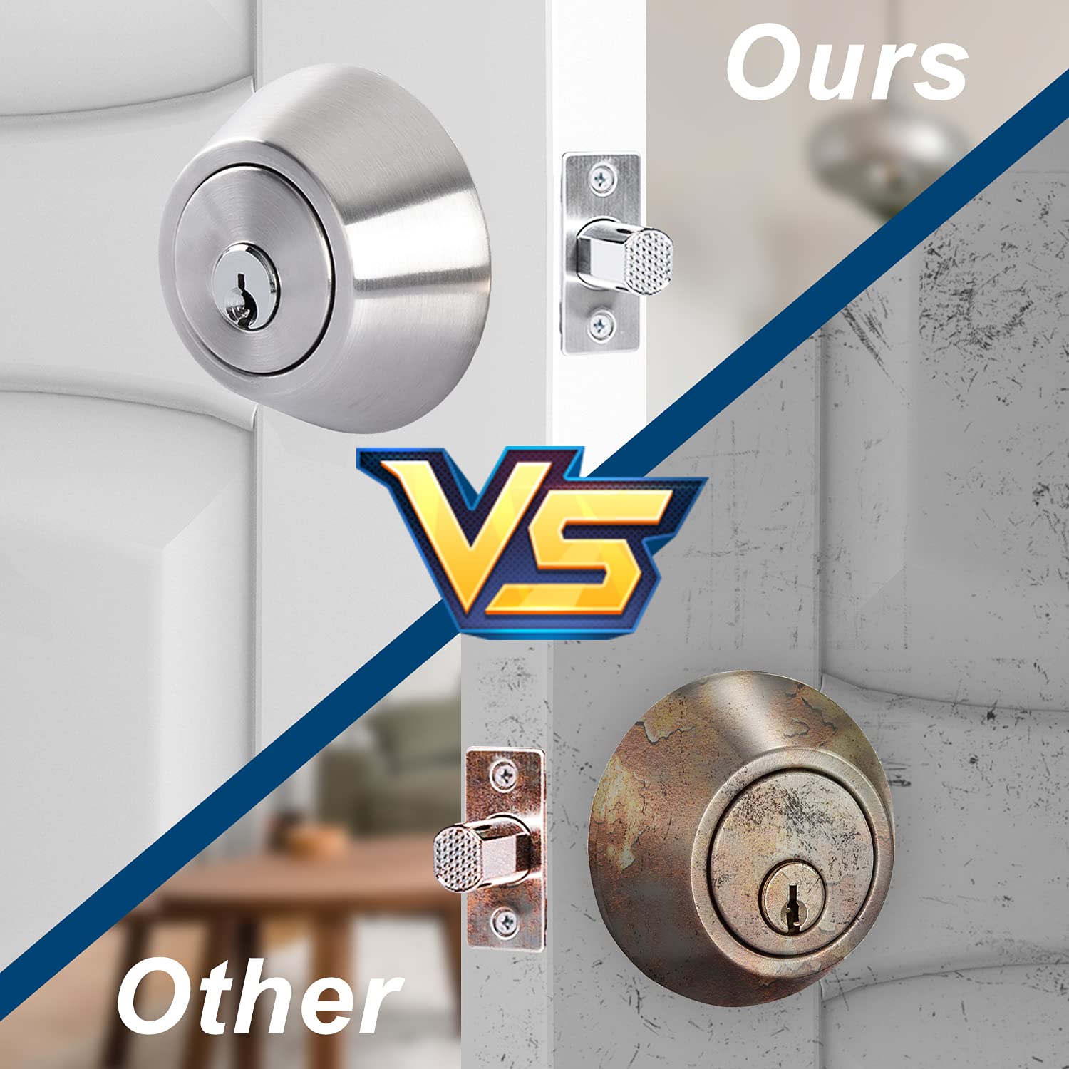 Rulart Double Keyed Deadbolt Lock - Keyed On Both Sides, 2-Way Adjustable Cylinder Deadbolt (Privacy/Passage), Satin Stainless Steel (Silver, Single Cylinder) (Silver, Double Side)