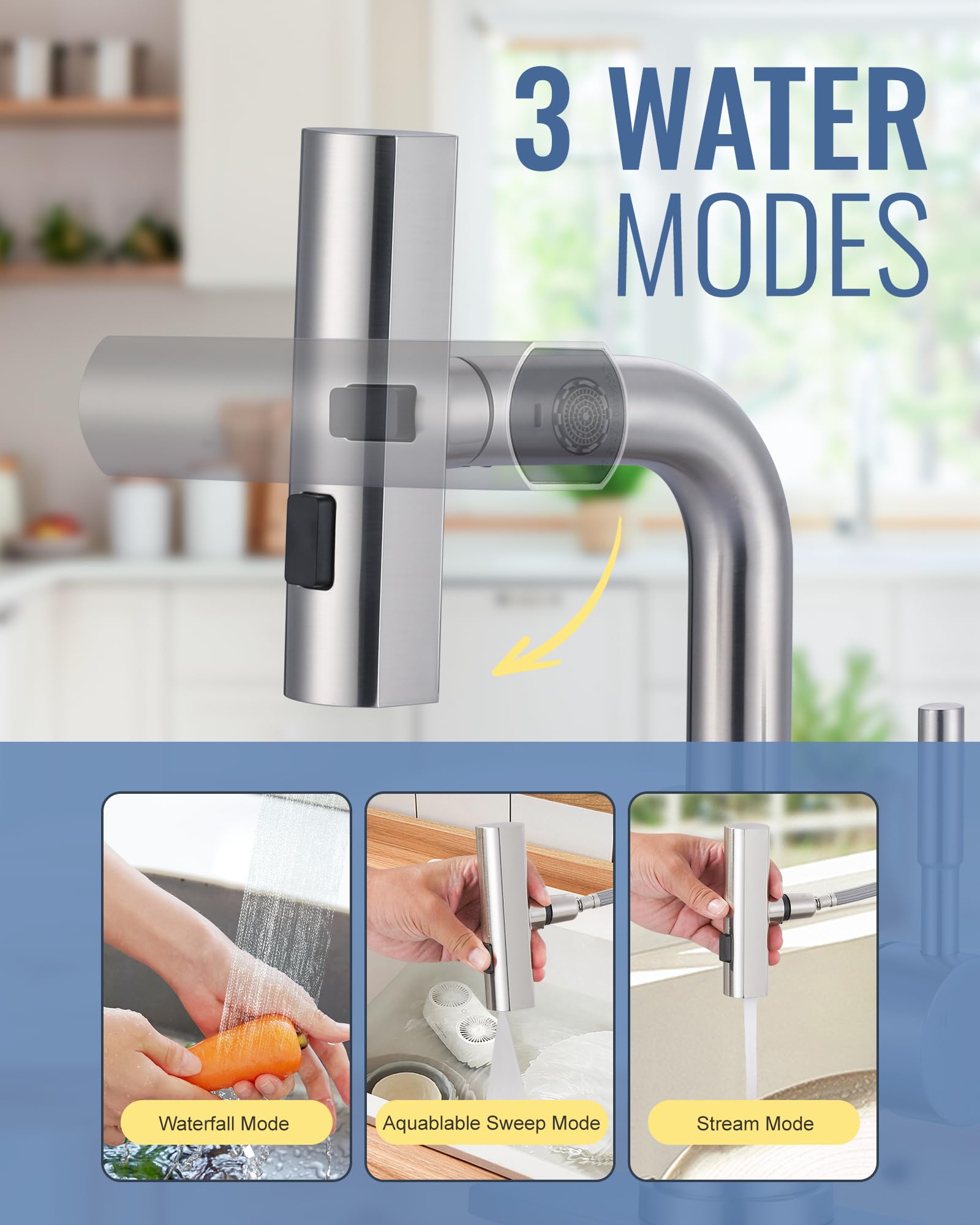 Aleasha Bar Sink Faucet Single Hole, 3 Water Modes Wet Bar Faucets With Pull Out Sprayer, Prep Sink Faucet 360 Swivel For Small Kitchen Bathroom Faucets With Cupc Supply Lines, Brushed Nickel