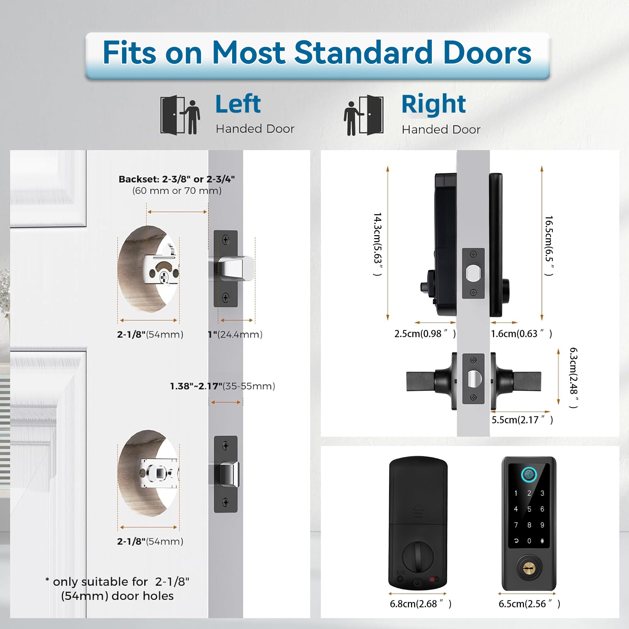 Bebasia Smart Fingerprint Door Lock With Handle Set, Full App Control, Electronic Digital Touchscreen Keypad, Deadbolt Smart Locks For Front Door, Auto Lock, Black