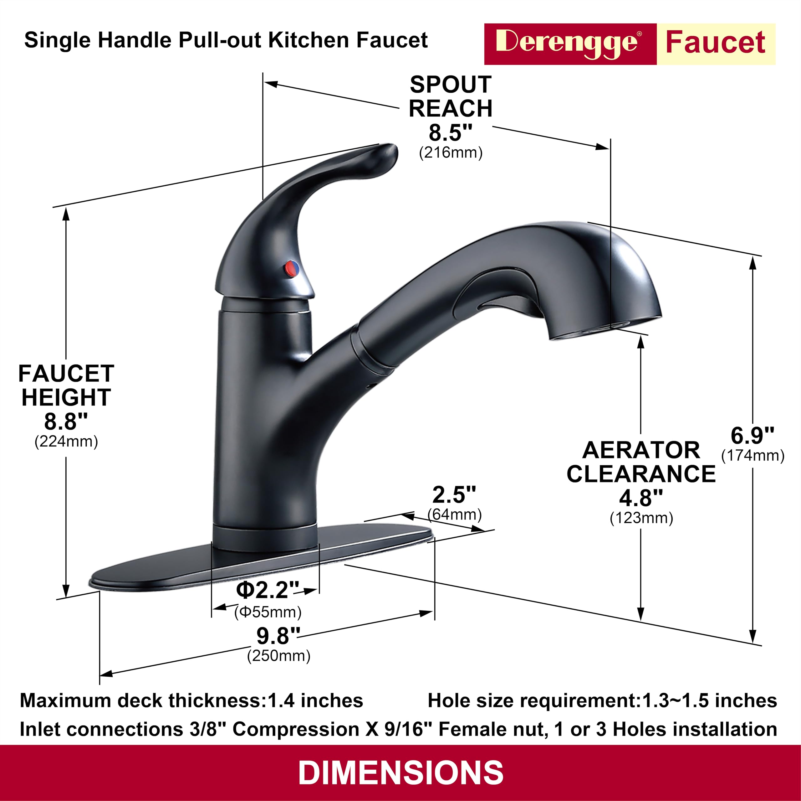 Derengge Single Handle Pull Out Kitchen Faucet,Matte Black Kitchen Sink Faucet With Deck Plate For Farmhouse, Camper, Laundry, Rv, Bar,Ew-083F-Mt