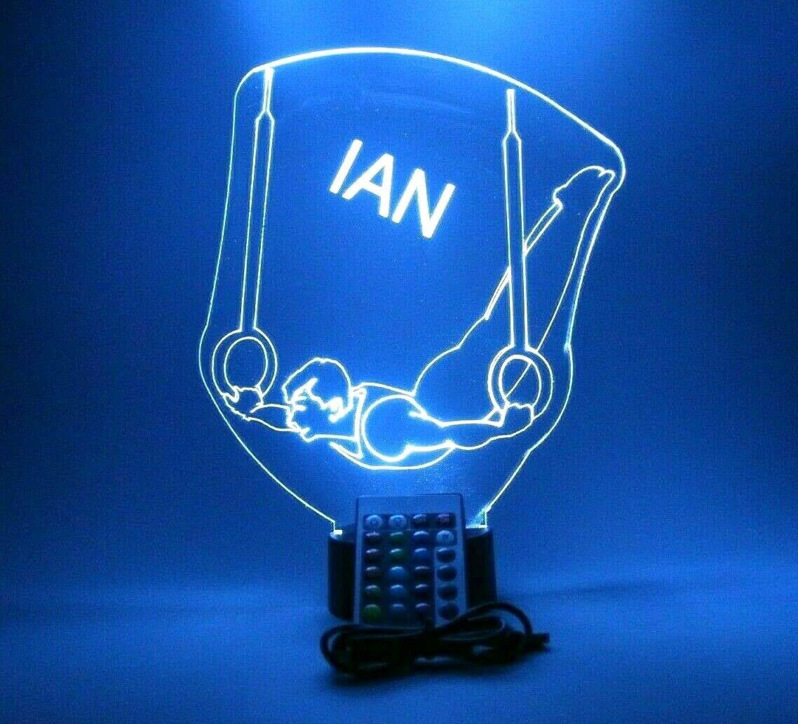 Mirror Mania Gymnast Night Light Up Table Lamp Led Personalized Name Engraved Male Boy Still Rings Gymnastics - It'S Wow, Comes With Remote, 16 Color Changing Options