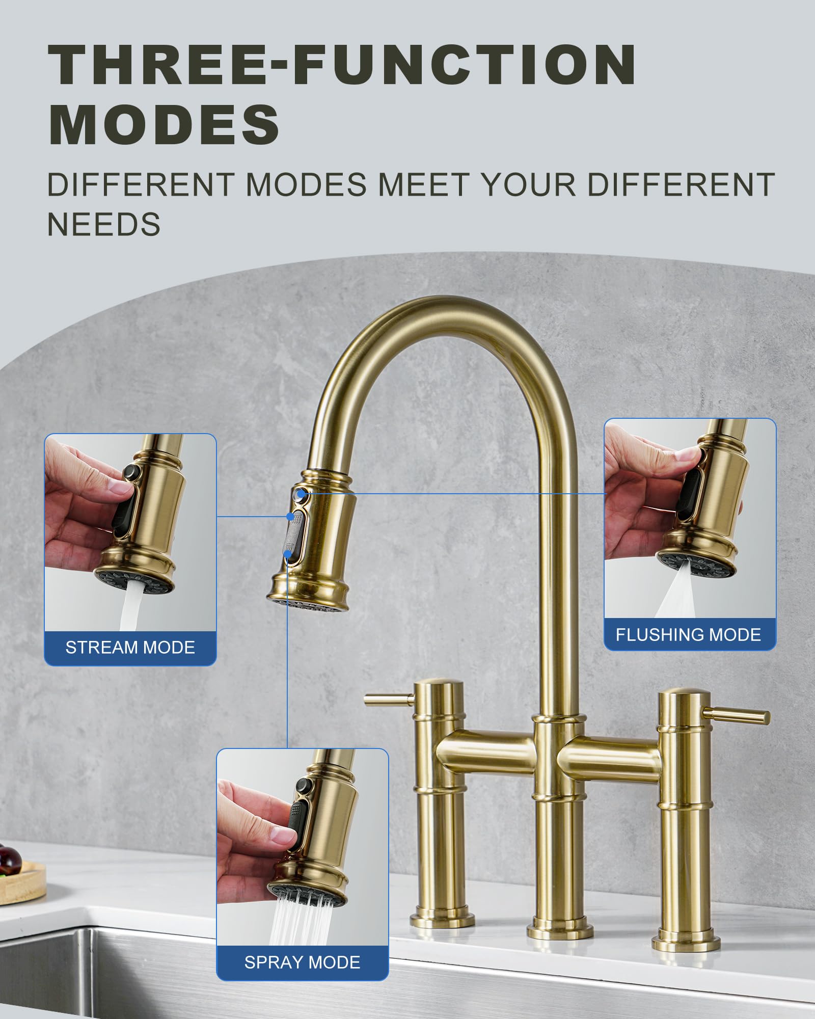 Iviga Bridge Faucet For Kitchen Sink: Gold Farmhouse 3 Hole Kitchen Faucet With Pull Down Sprayer (3 Spray Modes) - 2 Handle High Arc Brass Faucet With 360° Swivel, With Supply Lines