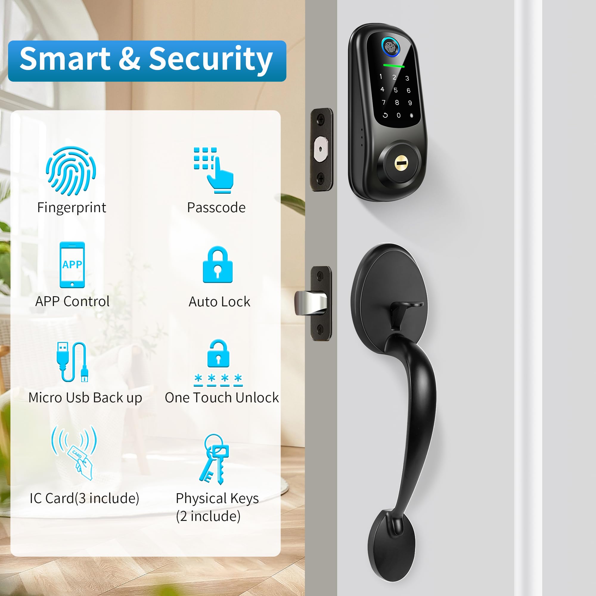 Yosimika Keyless Entry Door Lock With Handle, Fingerprint Deadbolt Door Lock, Smart Door Locks For Front Door, Bluetooth Electronic Digital Keypad Lock, Easy To Install, Black