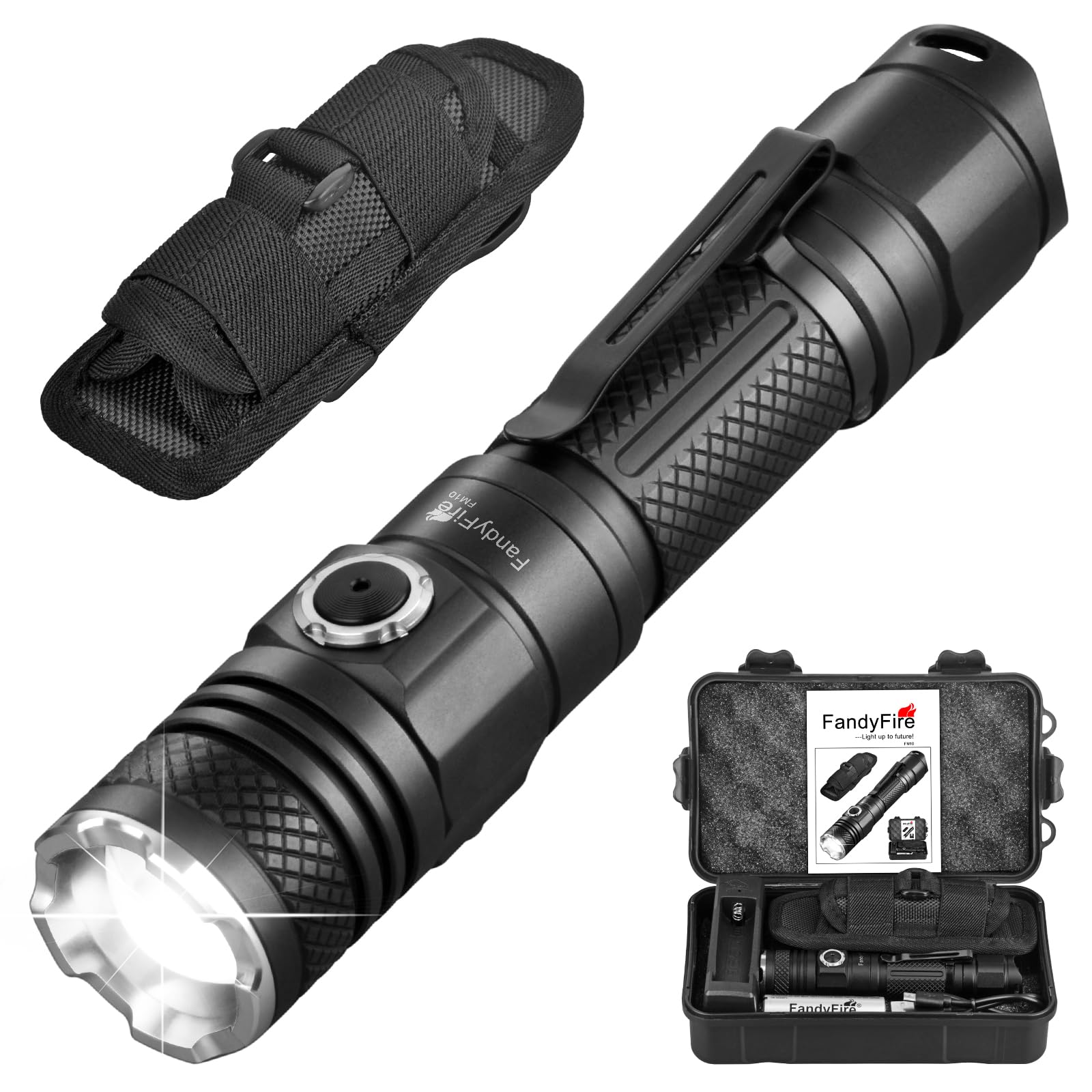 Fandyfire Fm10 Tactical Flashlight High Lumens With Holster,1200 Lumen Rechargeable Police Edc Flashlight With Belt Holder,Bright Zoomable Led Law Enforcement Flashlights