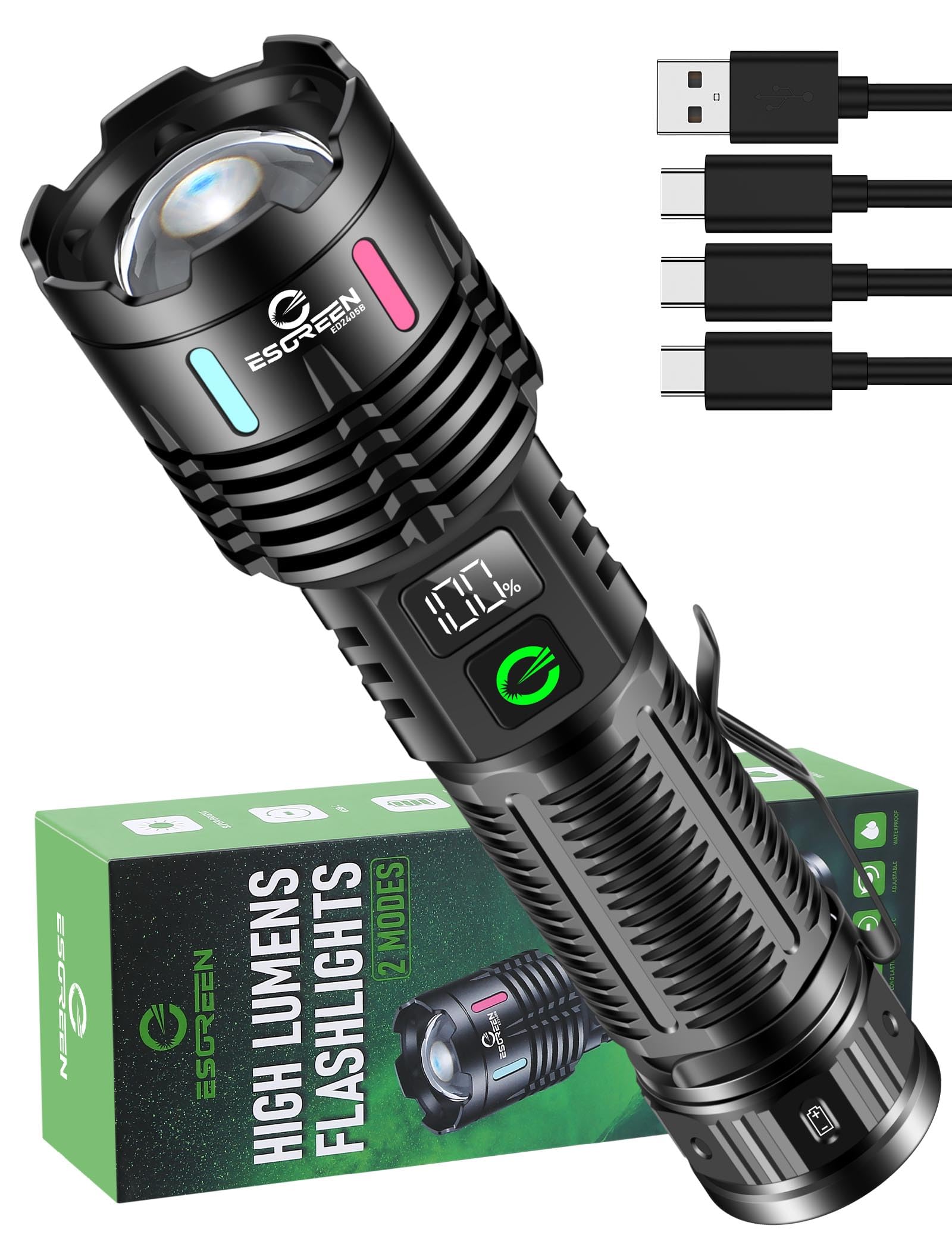 Esgreen 2 Pack Rechargeable Flashlights 1000000 High Lumens, Long Range Super Bright Led Flashlight Usb C, High Powerd Heavy Duty Strong Flash Light High Beam, For Emergency Security Camping
