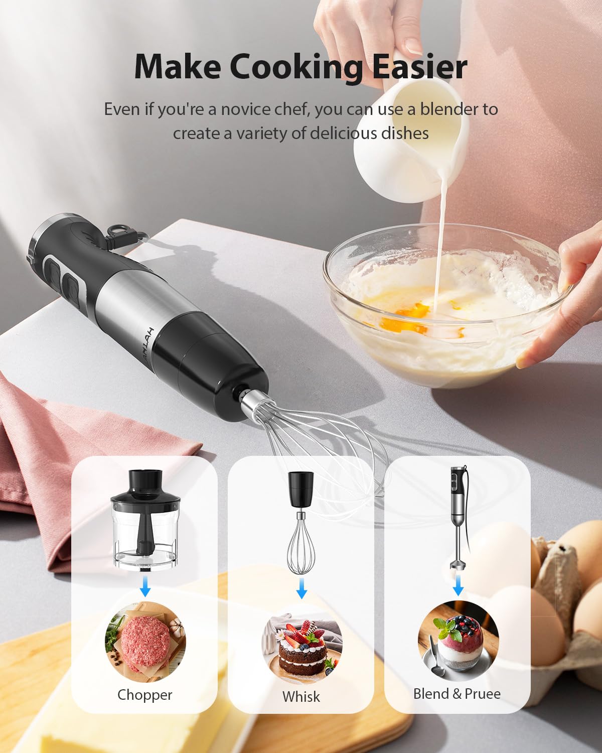 Sheanlah 1000W Powerful Immersion Blender Handheld, Update Hand Blender With 25-Speed And Heavy-Duty Copper Motor, 4 In 1 Hand Mixer With Chopper, Whisk, Beaker And Wand