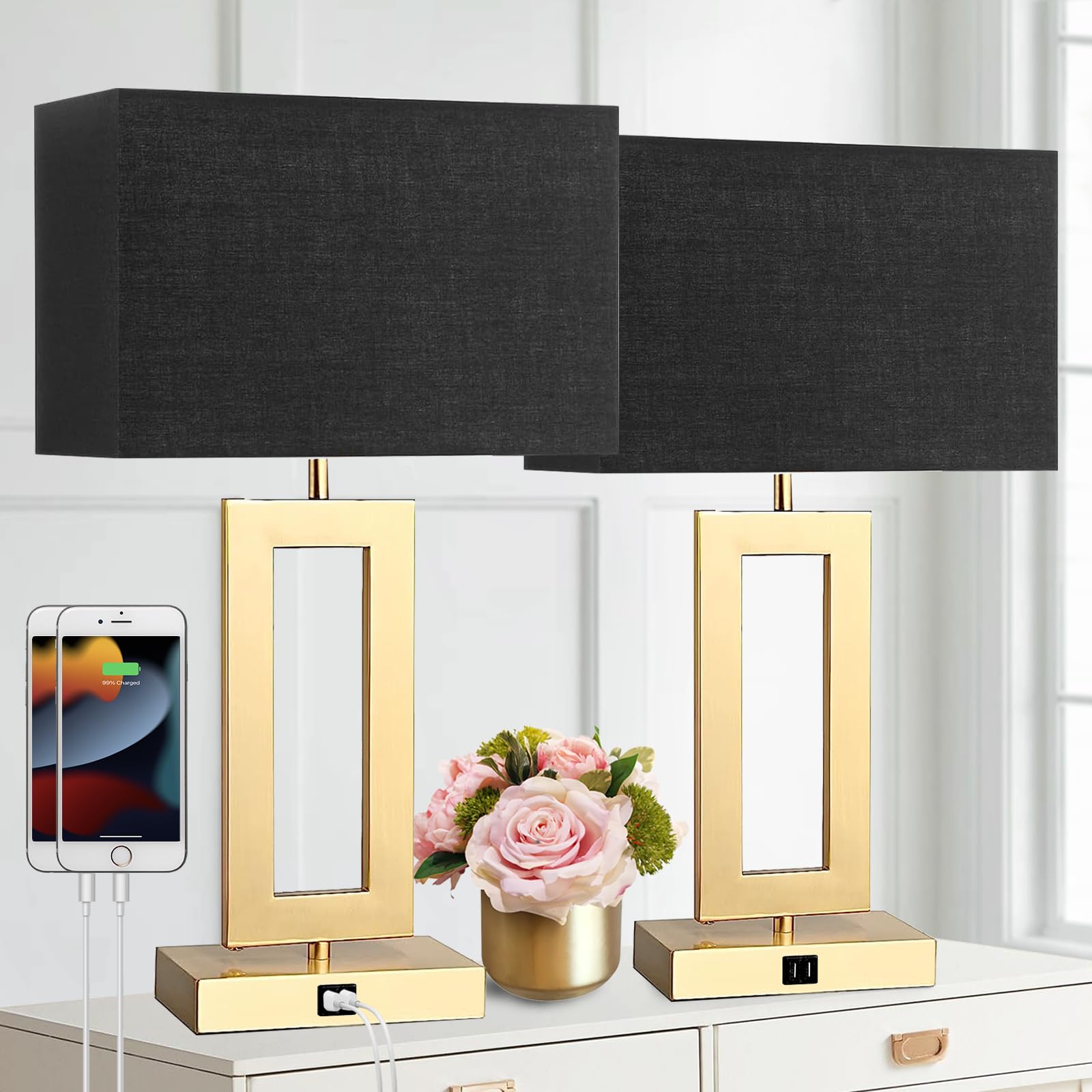 Gernehop Black Table Lamps Set Of 2 With Dual Usb Ports,3-Way Dimmable Touch Control Bedside Lamps,22Inch Tall Modern Bedroom Table Lamp For Living Room,Nightstand Led Bulbs Included