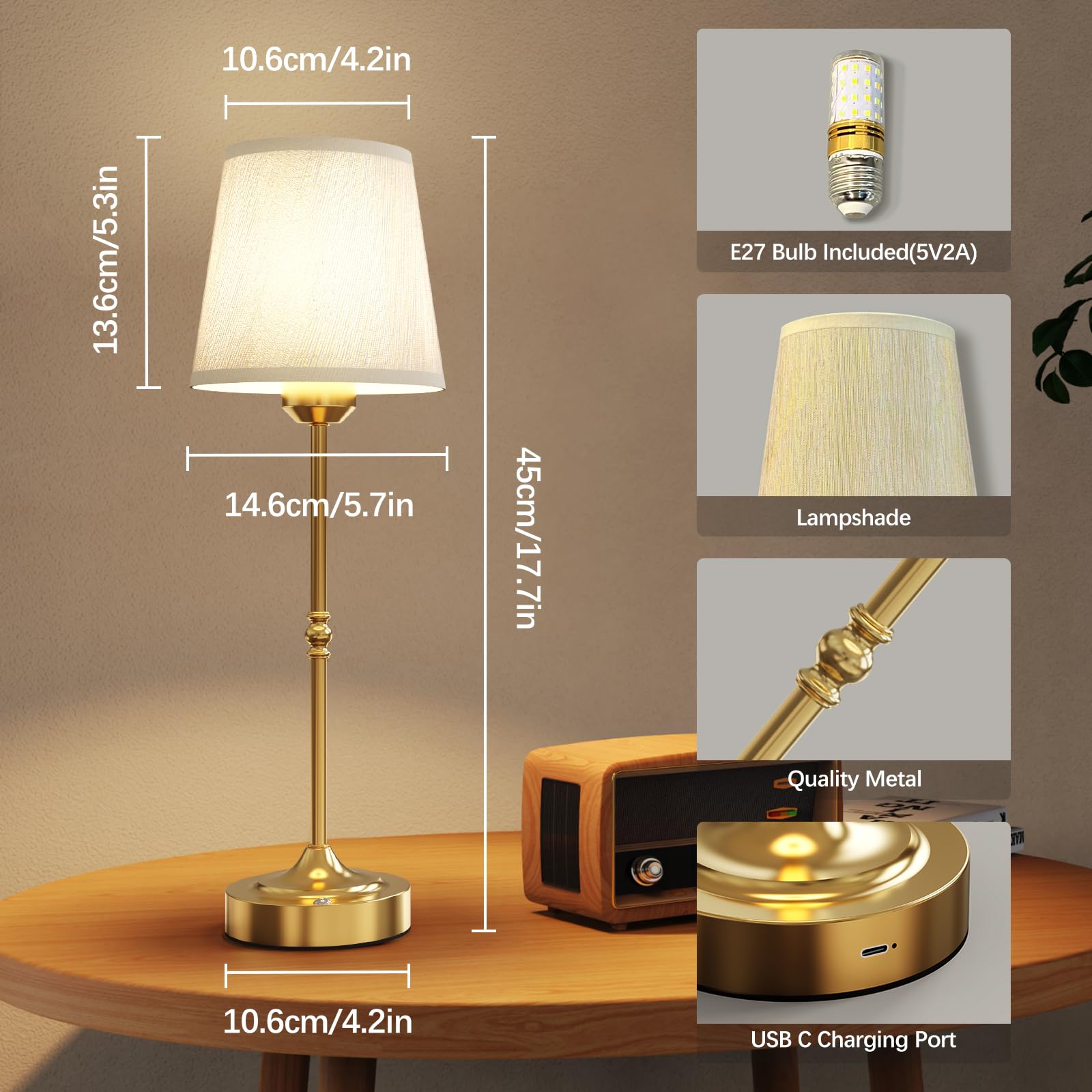 Yoowarm Cordless Led Table Lamp With Dimmer, Cordless Table Lamp Rechargeable Gold,3 Level Brightness Stepless Dimming Touch Control Wireless Lamp For Bedroom Living Room Home Office Dorm, Bedside