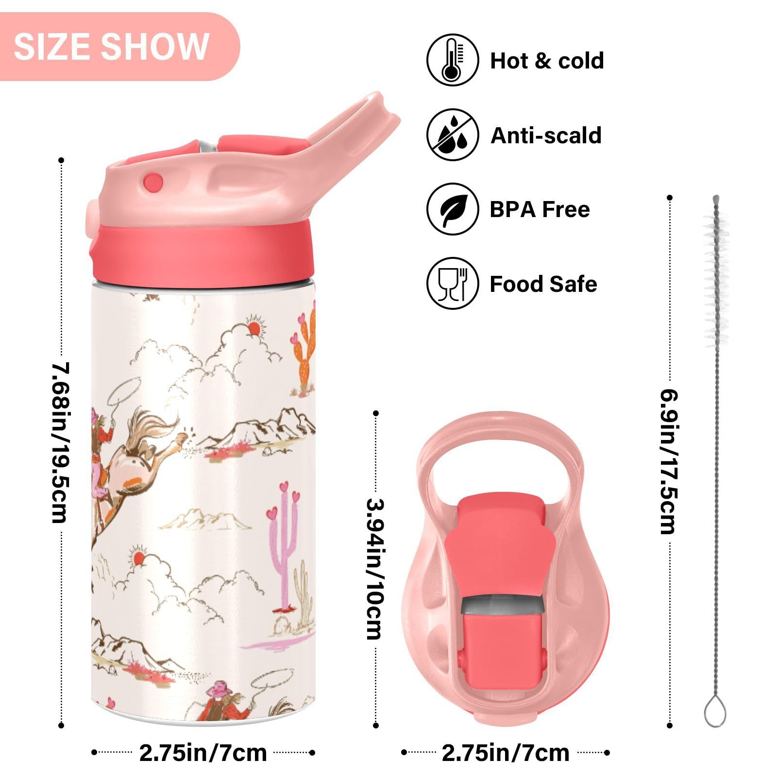 Cute Rodeo Cowgirl Kids Water Bottle, Insulated Stainless Steel Water Bottles With Straw Lid, 12 Oz