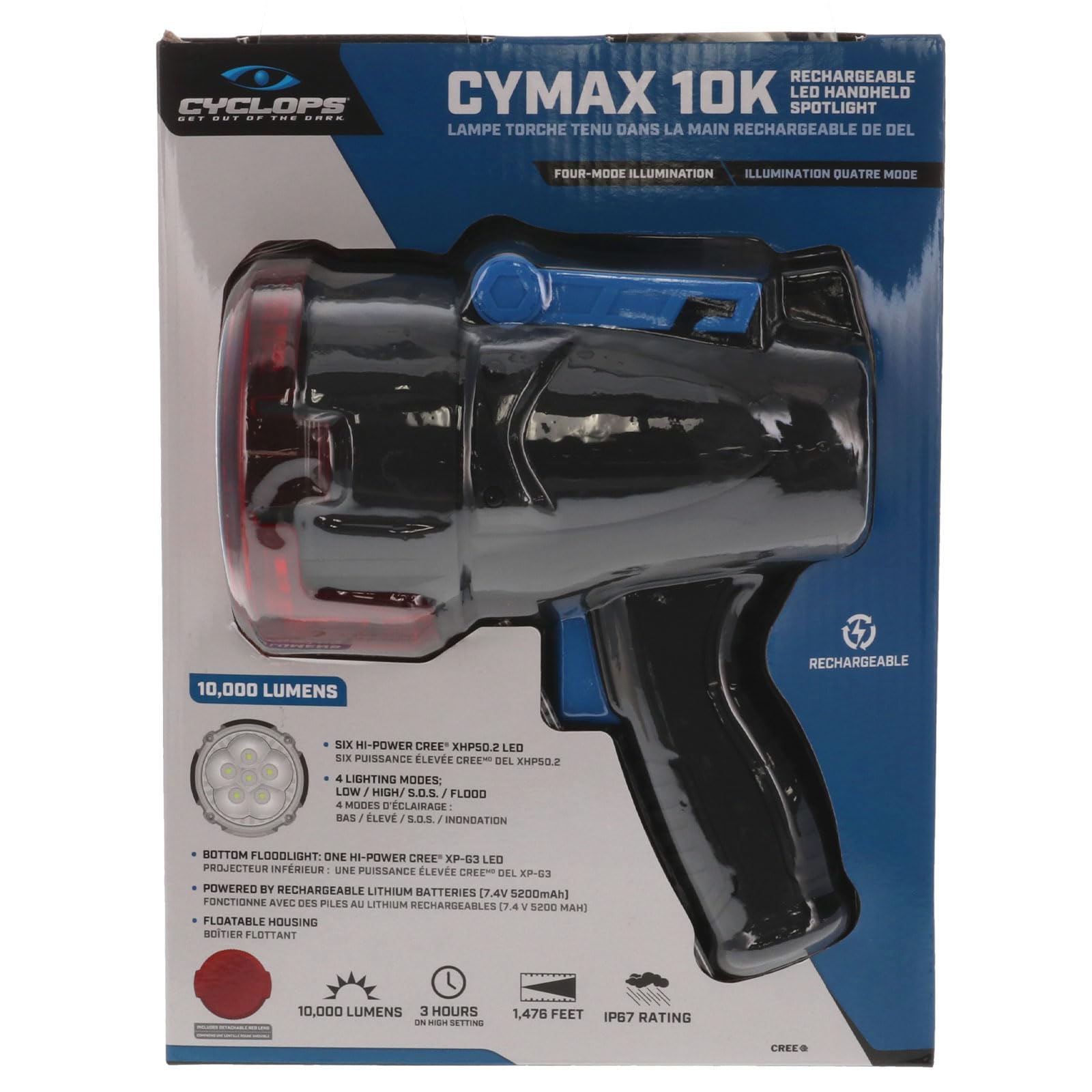 Cyclops Cymax 10000 Lumens Ipx67 Waterproof 4 Lighting Modes Rechargeable Led Handheld Spotlight Charger & Detachable Red Lens Included