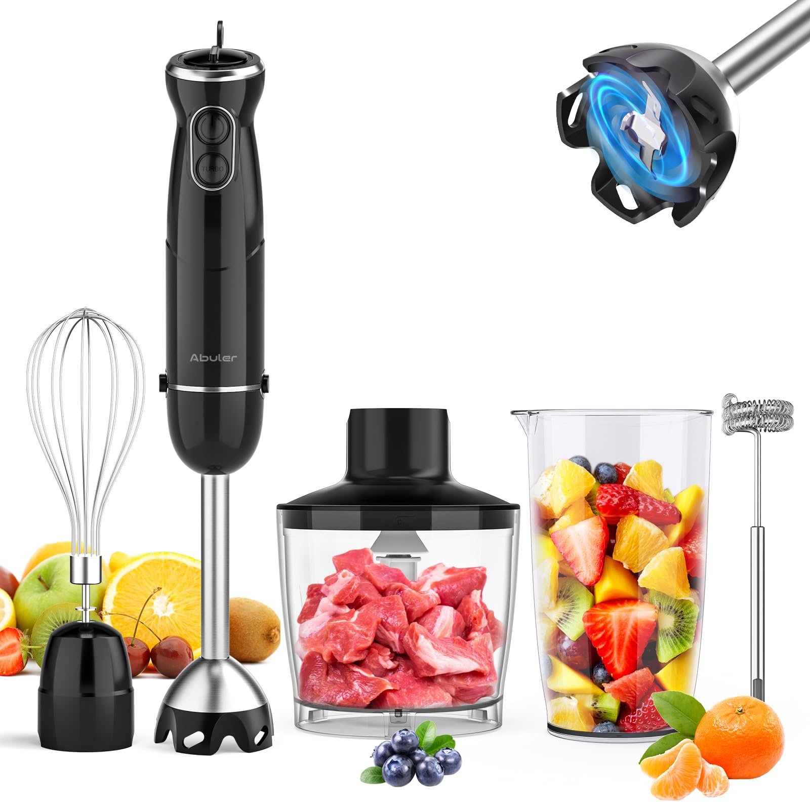 Abuler Immersion Blender Handheld, 800W Scratch Resistant Hand Blender, 5 In 1 Emulsifier Blender Mixer, Bpa- 12 Speed Stick Blender, Beaker, Chopper, Whisk, Frother, For Soup, Sauce, Baby Food