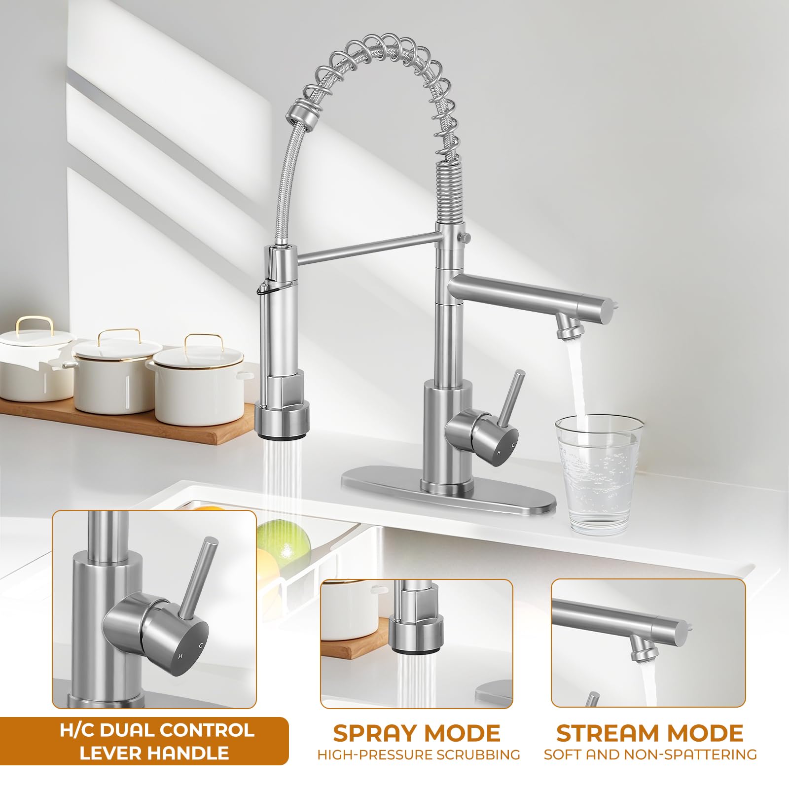 Aklfgn Kitchen Faucets With Pull Down Sprayer,Commercial Dual Spray Kitchen Sink Faucet,Brushed Nickel