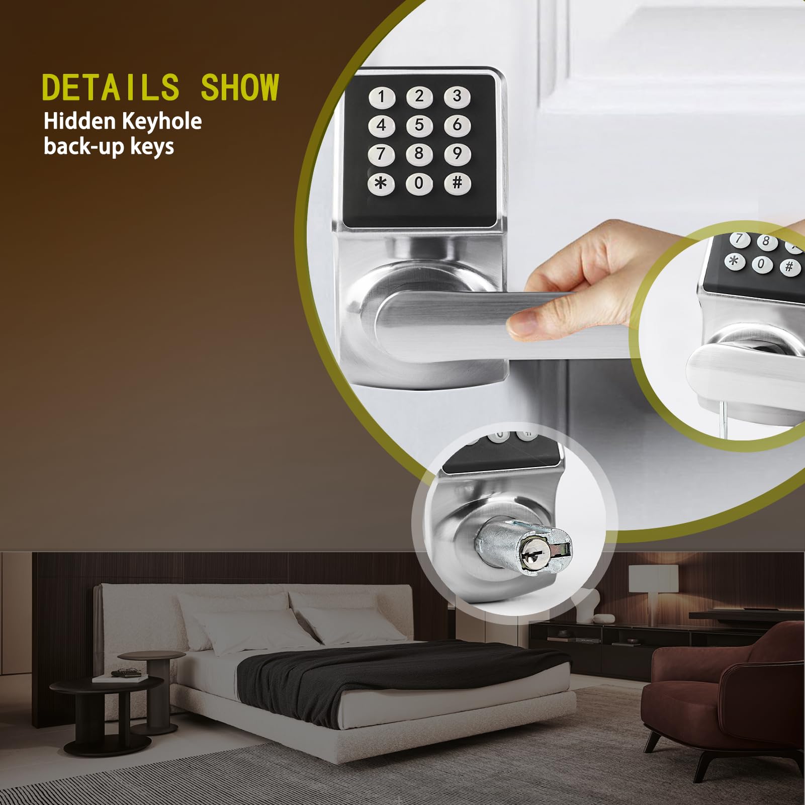 Zevaway Keyless Entry Door Lock With Handle, Keypad Lock, Ic Card & Key, Easy Installation, Satin Nickel