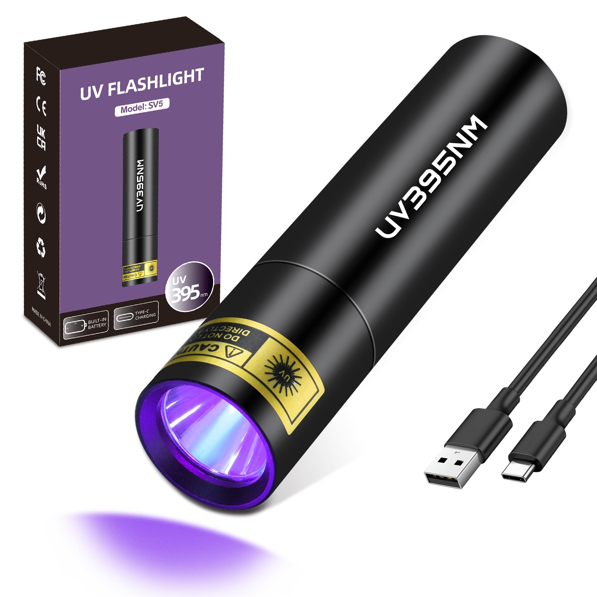 Pzzoe Uv Flashlight Black Lights Wood’S Lamp Powerful Mini Portable, Led 395Nm Usb Rechargeable Ultraviolet Blacklight Flashlights, Pet Urine Detector Light For Uv Resin Curing